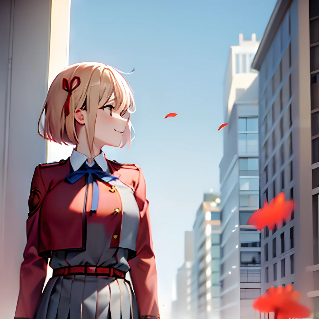 chisato, red ribbon, lycoris uniform, two-tone dress, grey dress, pleated dress, belt, red belt,neck ribbon, blue ribbon, long sleeves, smile, pov, effects, lycoris uniform, two-tone dress, grey dress, pleated dress, belt, red belt,neck ribbon, blue ribbon, long sleeves, fullbody,