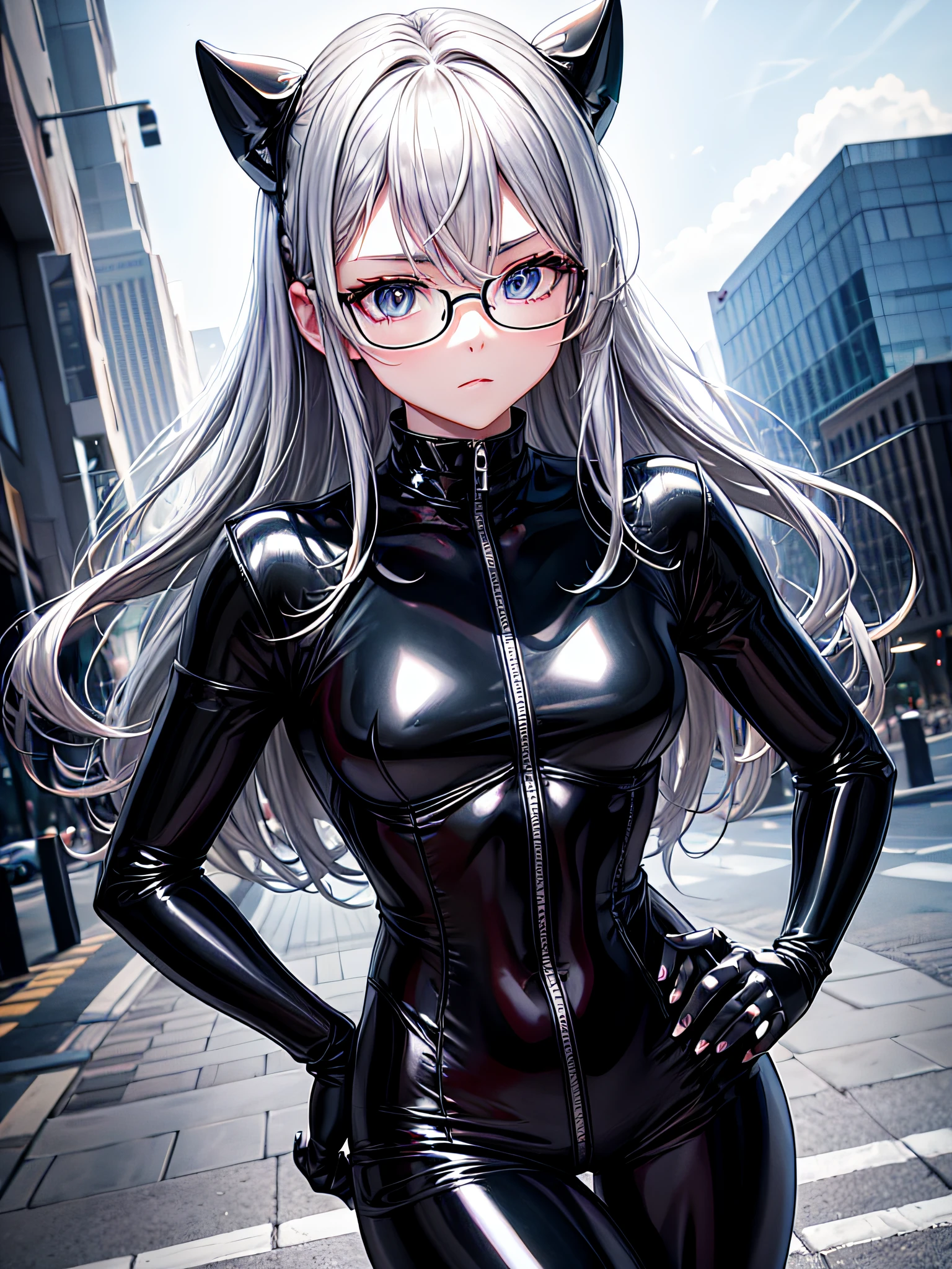 5 8K UHD、Silver-haired and small-nosed beauty in a shiny black rider suit with black shiny fingertips hiding skin up to the tips of black shiny fingertips wearing glasses is looking down with legs wide open、Late night city、Wearing a shiny black latex slider suit with hidden skin、Shiny black latex slider suit、Beautiful-nosed woman with one leg raised with expressionless eyes、Beauty with small nose with open legs
