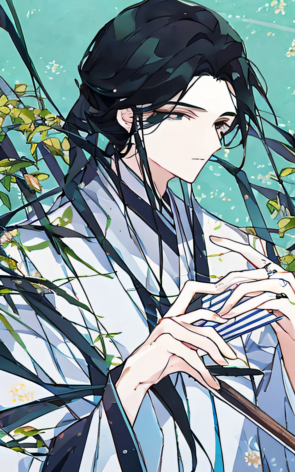 mtu，The face of melon seeds， Attractive， （（1人））， tmasterpiece，  Best quality at best， Complicated details， Fair skin，   Black hair，  Attractive， AS-Adult， an Quority，，Dark green hanfu， Not looking at the view，， Perfect and detailed face， Perfect and meticulous hands， With a fan in his hand，Black eyes， Young men，The male，，
