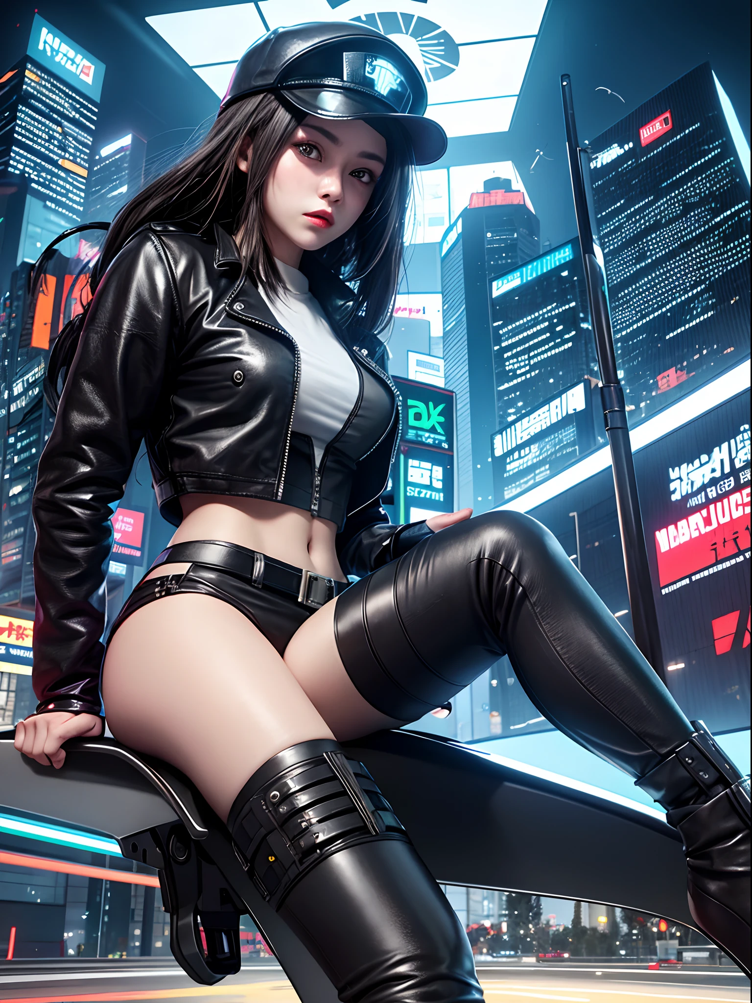 Beautiful woman medium hair, wearing cap, cyberpunk style short clothes, cyberpunk police woman, tomboy, Traffic Police, flying futuristic police motorcycle, police hovercycle patrol, night, neons