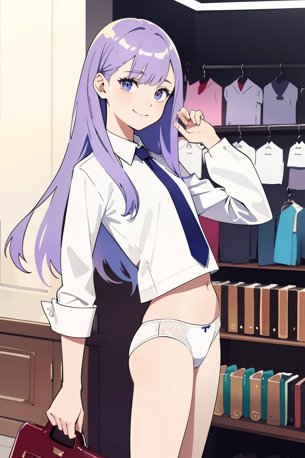 (masterpiece, high quality), 1girl, ite, flat chest, white school shirt, tie, (white panties), long hair, in a clothing store, (choosing clothes), smile, vibrant colors, best shadows, volumetric lighting, watercolor