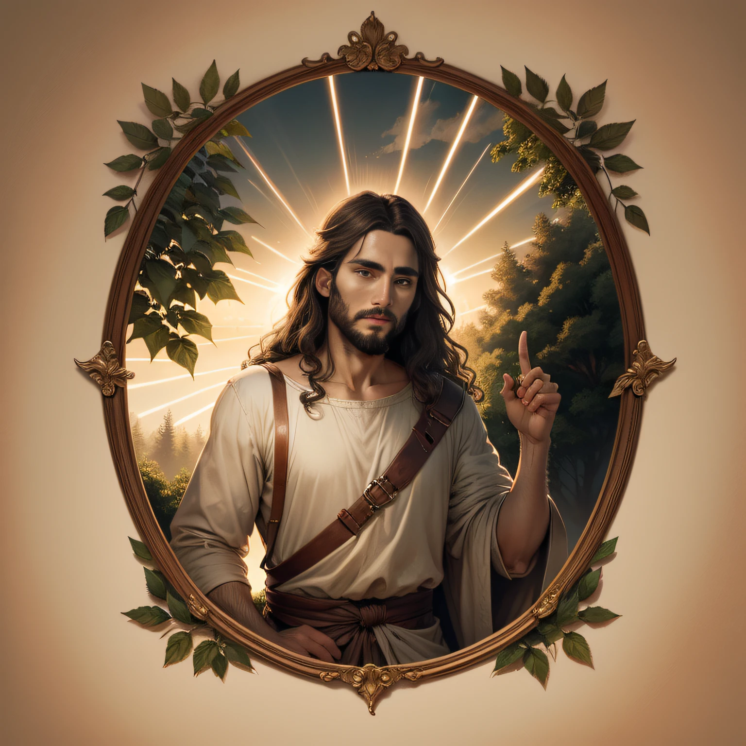 Jesus reading a leaf and with a hand raised upwards pointing to heaven