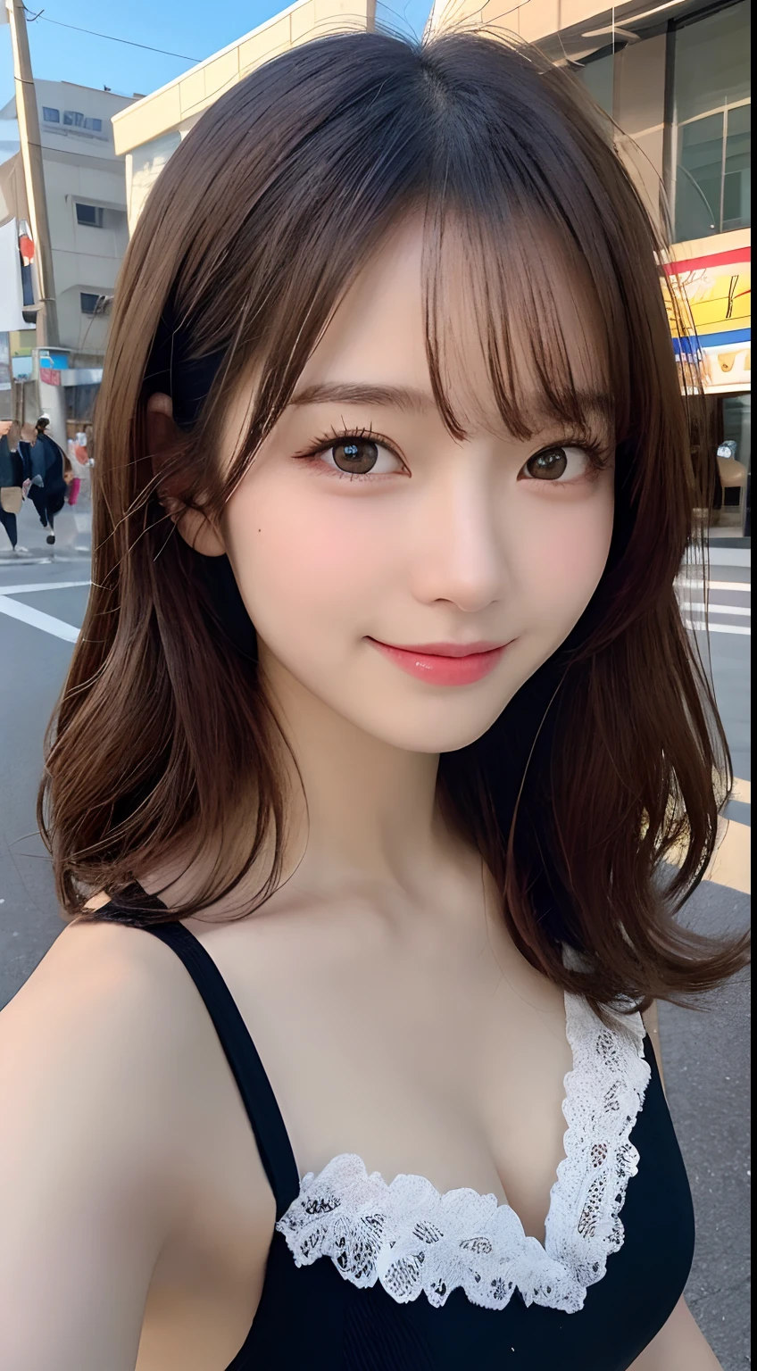 masutepiece, Best Quality, Illustration, Ultra-detailed, finely detail, hight resolution, 8K Wallpaper, Perfect dynamic composition, Beautiful detailed eyes, doress,Medium Hair, Mid-chest, Natural Color Lip, Random and sexy poses,Smile,Aoyama Street Walk、20 years girl