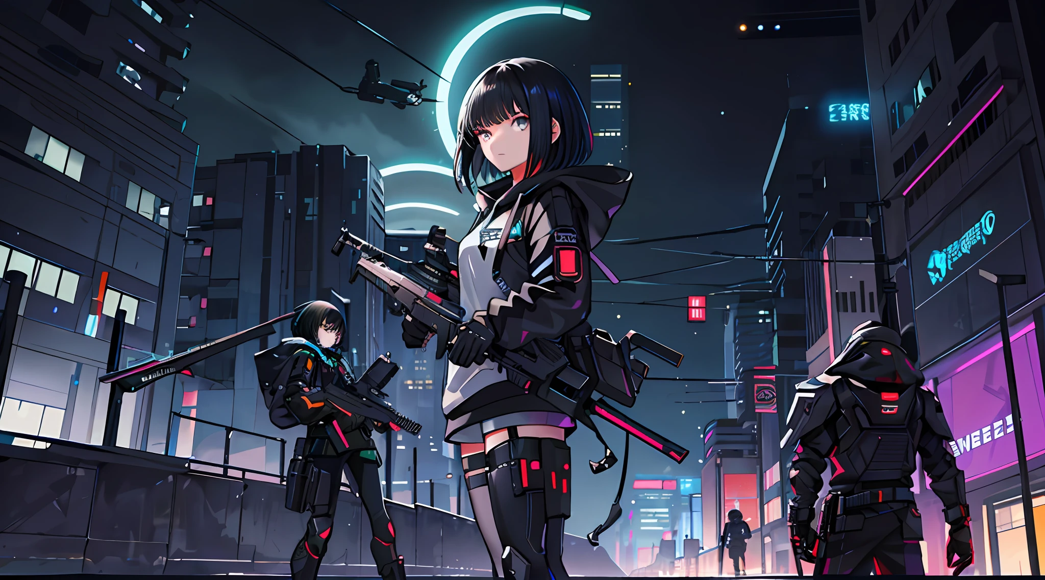 teens girl，Mechanical body，Hooded sweatshirt，with short black hair，Long knives，rifles，with light glowing，metalictexture，Rich in detail，City of Steel，cyber punk perssonage，Staggered buildings，the street lights，Parallel perspective
