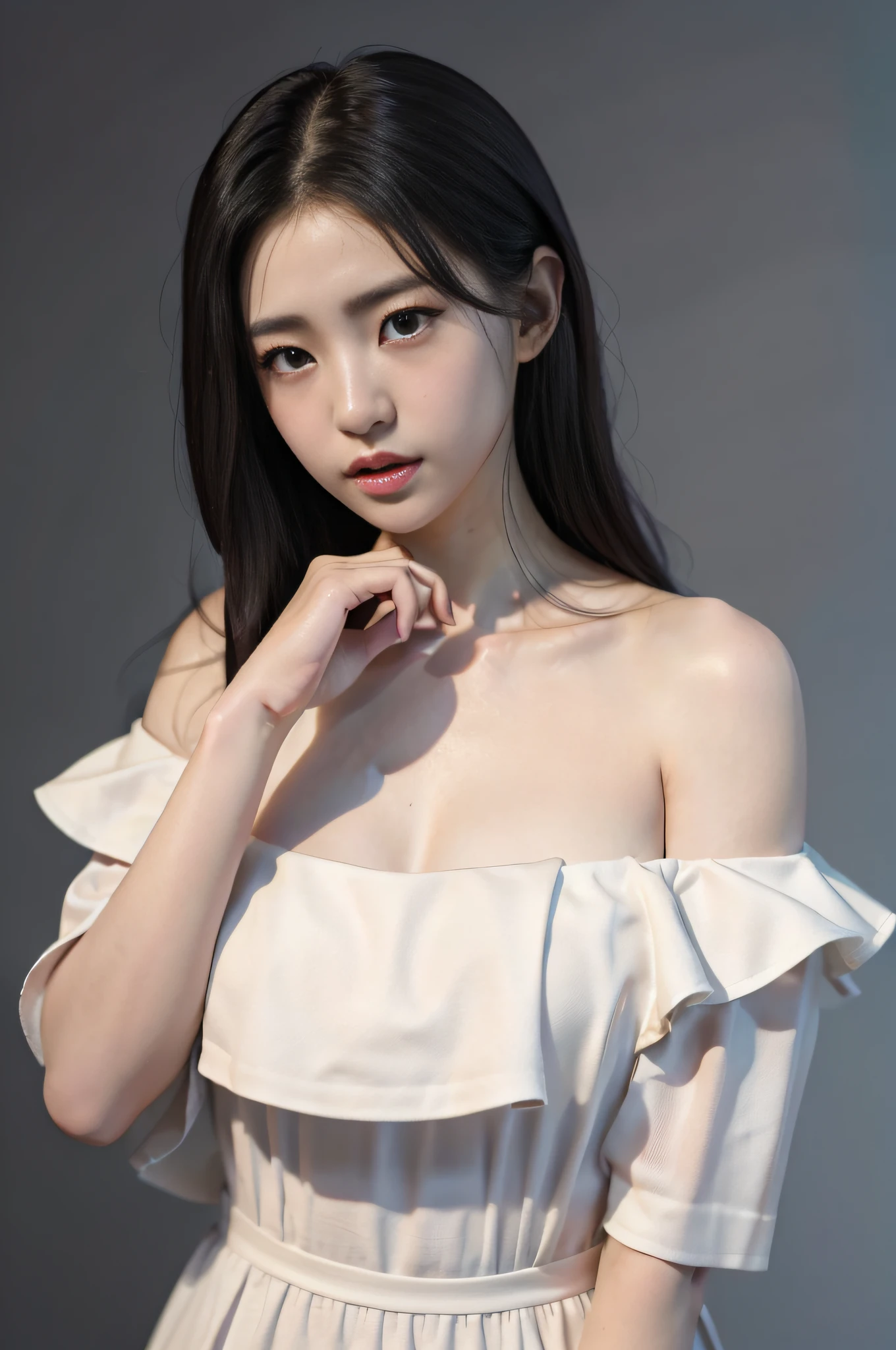 ((8k: 1.27), top-quality, master-piece, ultra-high resolution: 1.2) Photos of cute Japanese women (attractive:1.1),Dark gray background,White open-shoulder dress,beauty