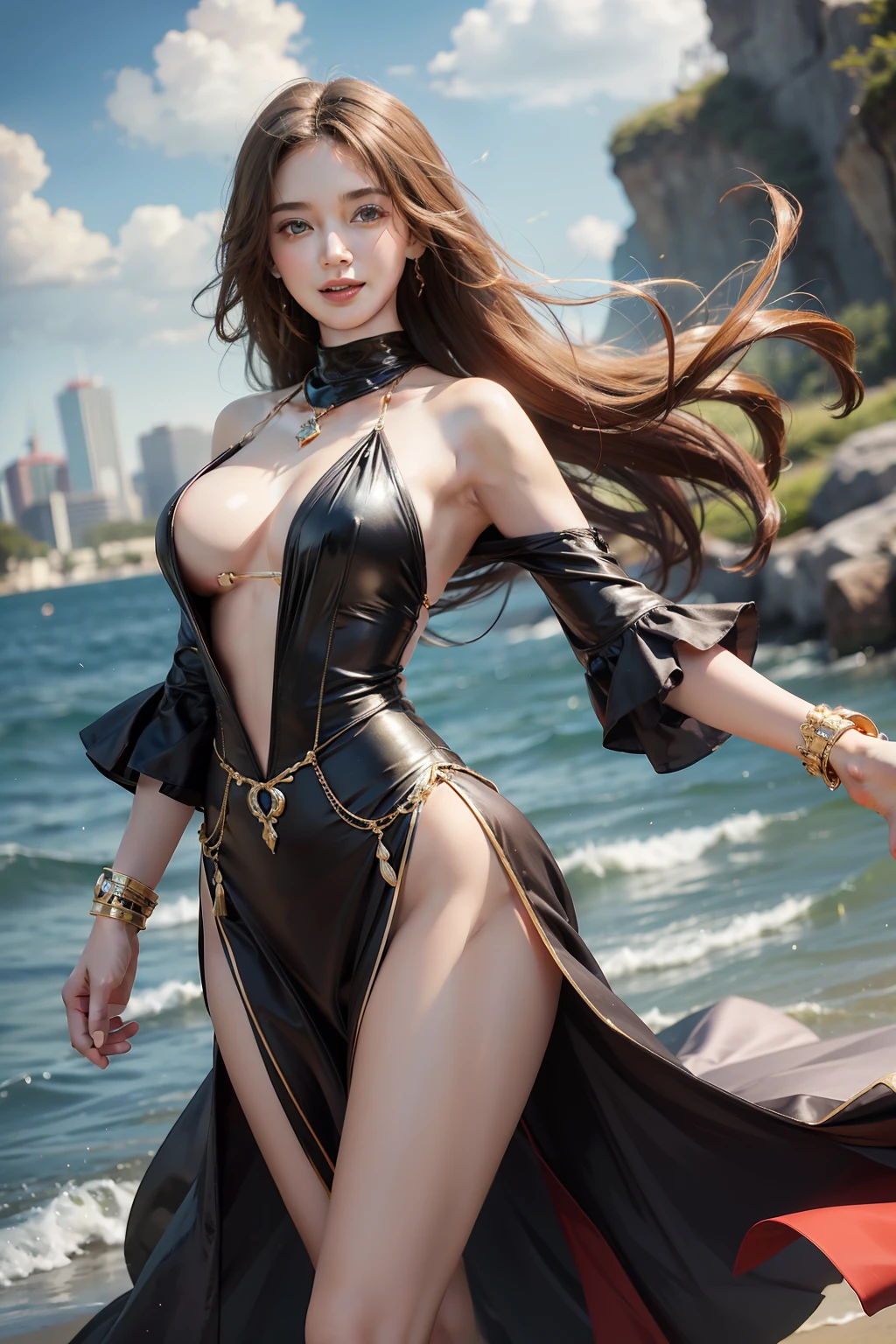 (masterpiece), (best quality), 8k resolution, 1girl, beautiful girl, stunning beauty, mature female, 30yo, perfect body, sexy dress, body chain, smile, in the wind, windy, floating hair