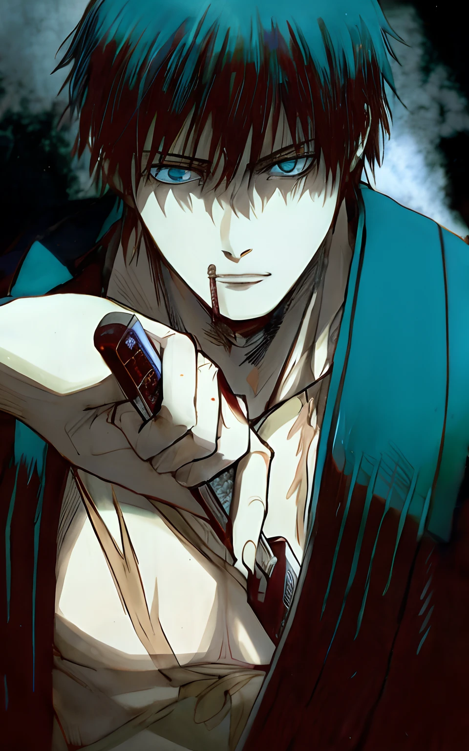 Anime character with blue eyes holding a cell phone in his hand, Hijikata Toushirou de Gintama, cara de anime alto com olhos azuis, de kenshin, Shikanosuke Yagaki, Deus masculino bonito da morte, 4 k manga wallpaper, hijikata toushirou, Anime Wallaper, manga style of kentaro miura