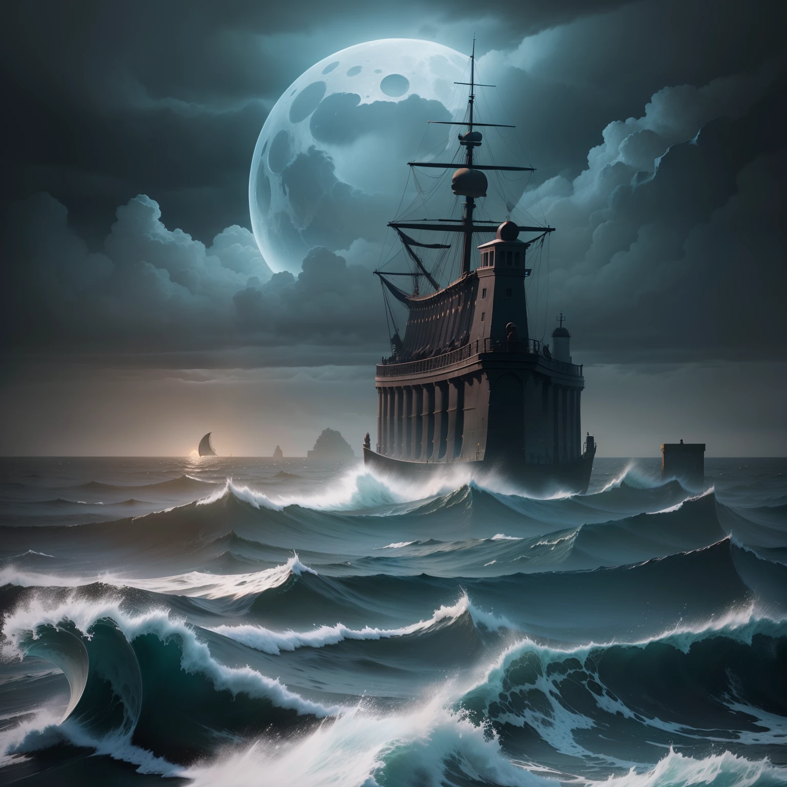 the ocean，nigth，Sail，tentaculata，Blood Moon，crew，Gray fog，Rough seas，The sea is as far as the eye can see，Faintly dark gray towering stone pillars in the distance，Faint lights on board，Dark clouds all day long