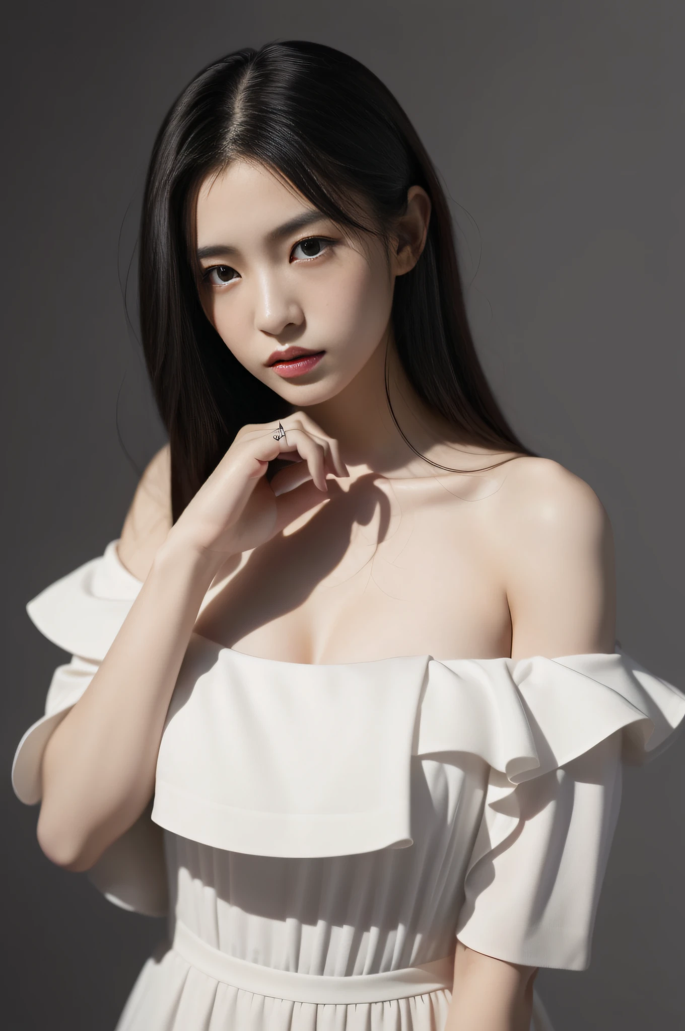 ((10: 1.27), top-quality, master-piece, ultra-high resolution: 1.2) Photos of cute Japanese women (attractive:1.1),dark gray background,White open-shoulder dress,beauty