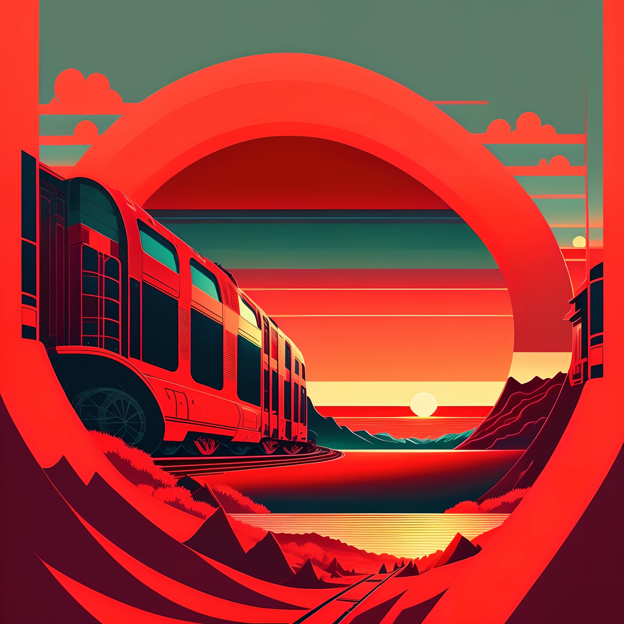 There is an image of a sunset scene with a train passing through the tunnel, cores vibrantes kilian eng, sunset on distant machine planet, cores vibrantes kilian eng, art deco superam anime aesthestic, papel de parede solarpunk 4k, Red glow in the sky, Sky anime, por Kilian e sem pessoas Eng, inspirado em Kilian Eng, horizonte vermelho, planeta vermelho ascendente q q q --auto