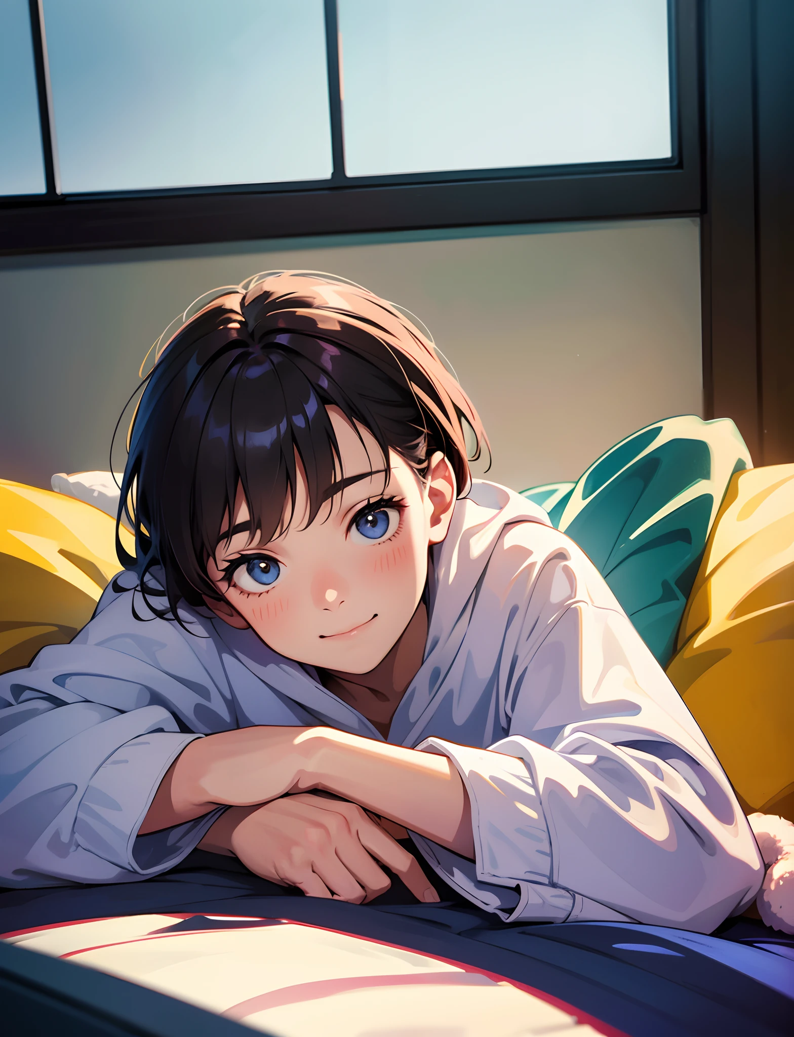 Cosy cottage,A young boy with,Lie down in bed,Happy,Face the camera,Full body photo,Ultra-high definition