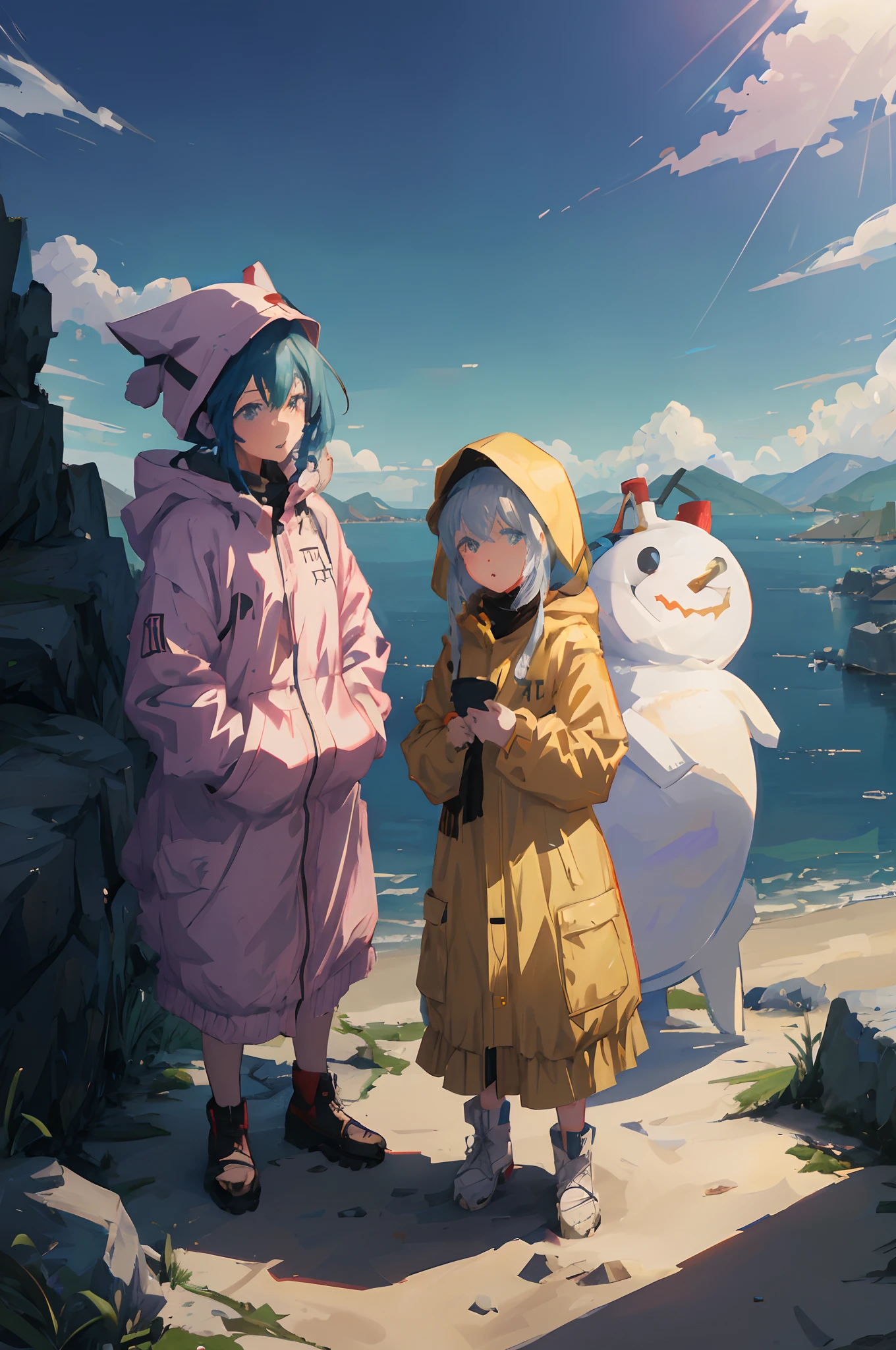 Anime character standing next to a giant snowman on the beach, artwork in the style of guweiz, artgerm and atey ghailan, anime style 4 k, guweiz, guweiz on pixiv artstation, atey ghailan 8 k, Anime style. 8K, guweiz on artstation pixiv