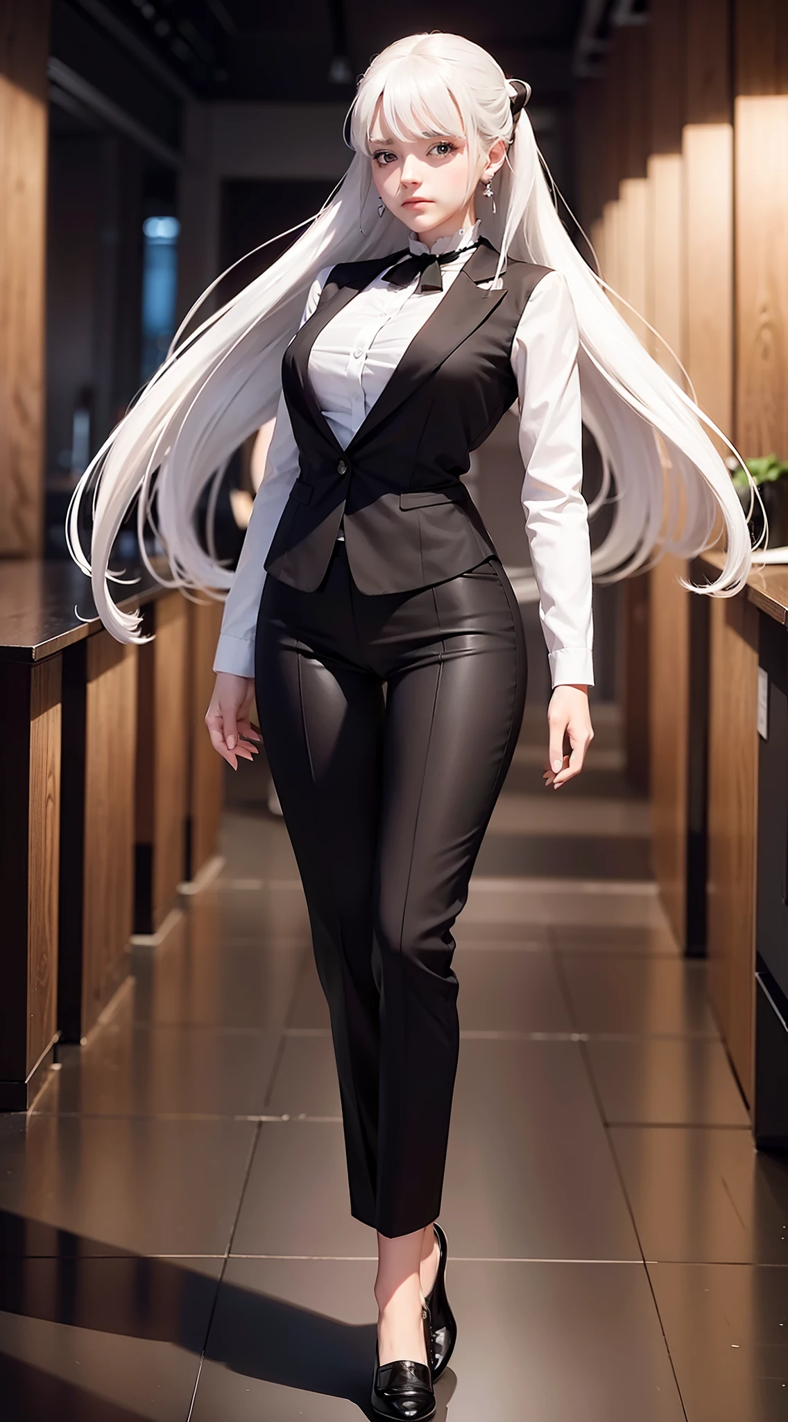 noele from black clover anime, white hair, long hair, hair tie, beautiful, beautiful woman, standing, perfect body, full body, looking at the viewer, wearing formal clothes, wearing white shirt, wearing black blazer, wearing trousers white, wearing watch, wearing earrings, in office, in workspace, hd quality, 8k, conon photo, photo realistic, stylish realistic, good lighting.