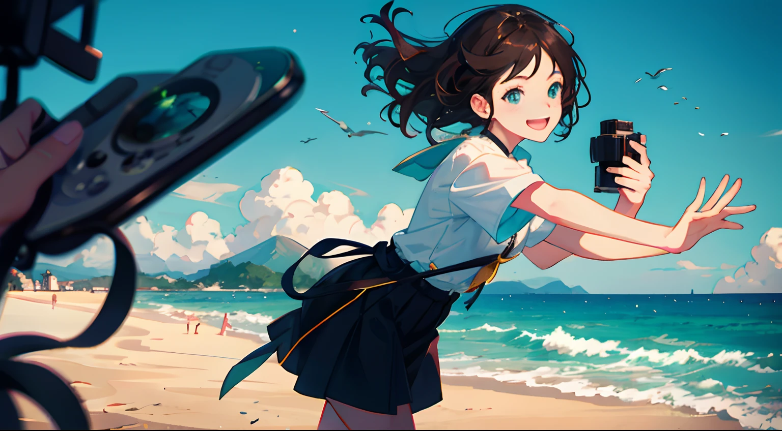 2. The character:When traveling in summer,Stand in front of the magnificent scenery,Long dark brown curls in the shape of waves flutter in the wind,Cyan eyes flashed with excitement and joy。 Action:She picked up the camera,Record the moments before you,Deftly press the shutter,Capture beautiful art clips。