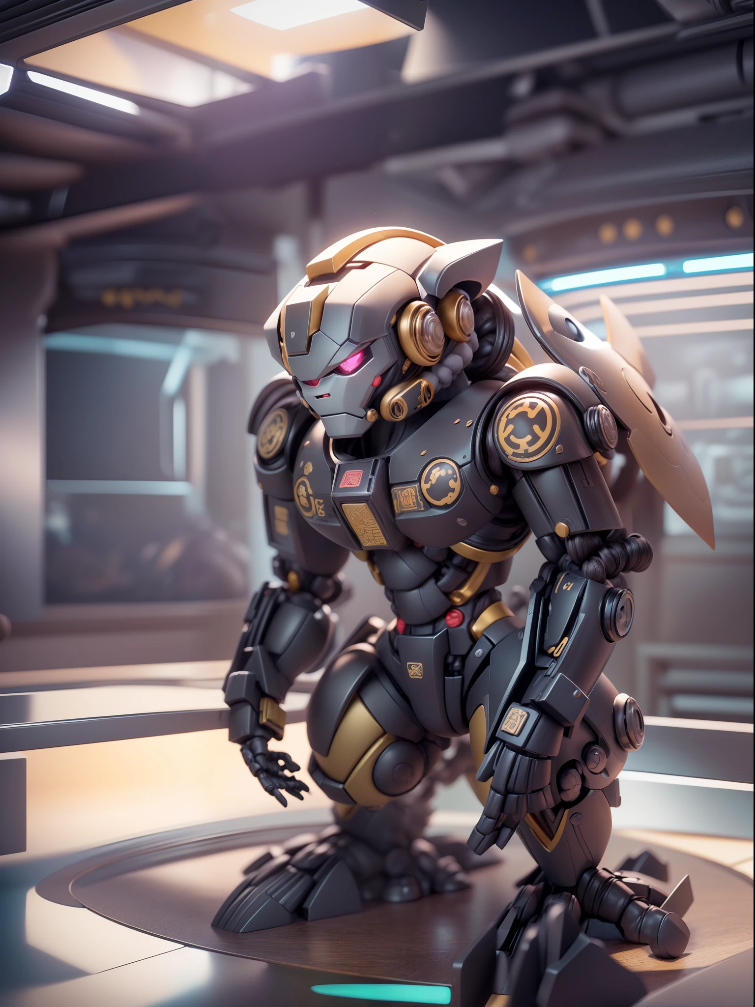 (Blind box toy style:1.3),((Full body shot))(anthropomorphism) , (1 strong monkey mecha warrior)(((solo))) metal mecha,dreamy glow, Clean dark background,Brown black style，(circular base）( Global illumination, Ray tracing, hdr, unreal render,reasonable design, high detail, Masterpiece, Best quality, hyper HD, Cinematic lighting)