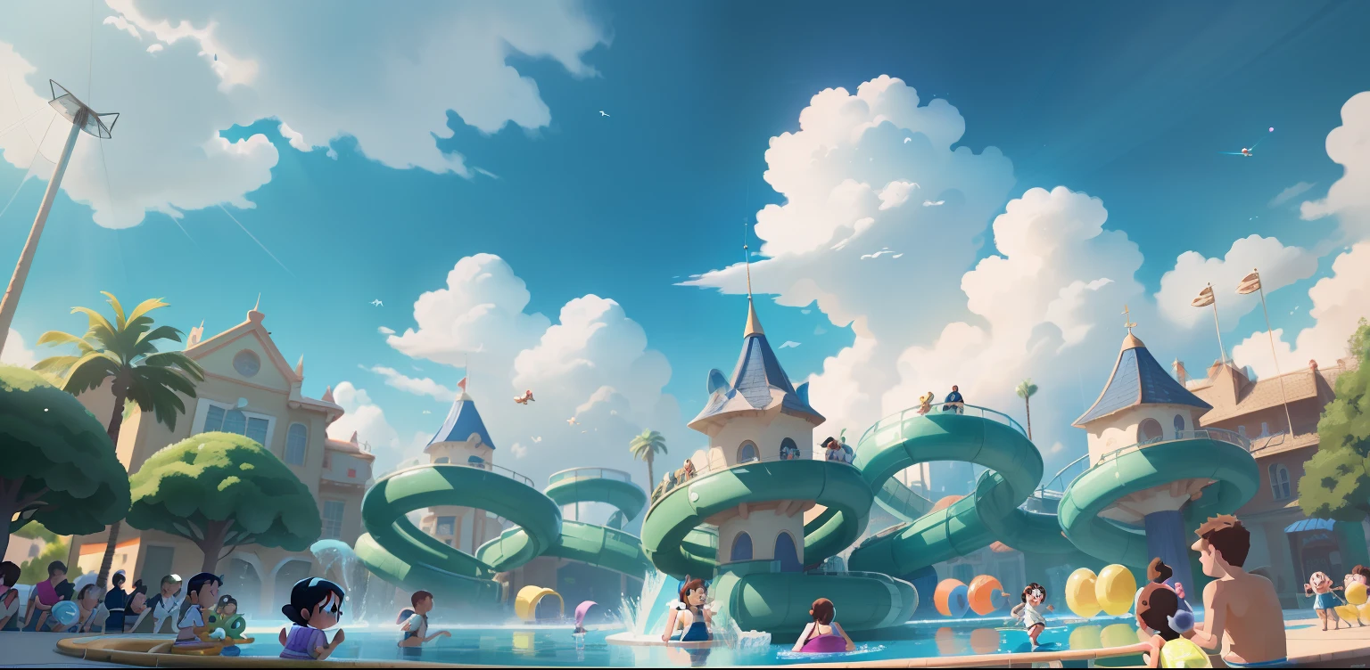 Disney Waterpark, foamy, Buble, Several small children playing, with blue sky and white clouds, anime big breast, pixar-style, Atmospheric perspective, in a panoramic view, Sideways, Lens flare, hyper HD, retinas, Masterpiece, ccurate, High quality, High details, Best quality, A high resolution, 8K