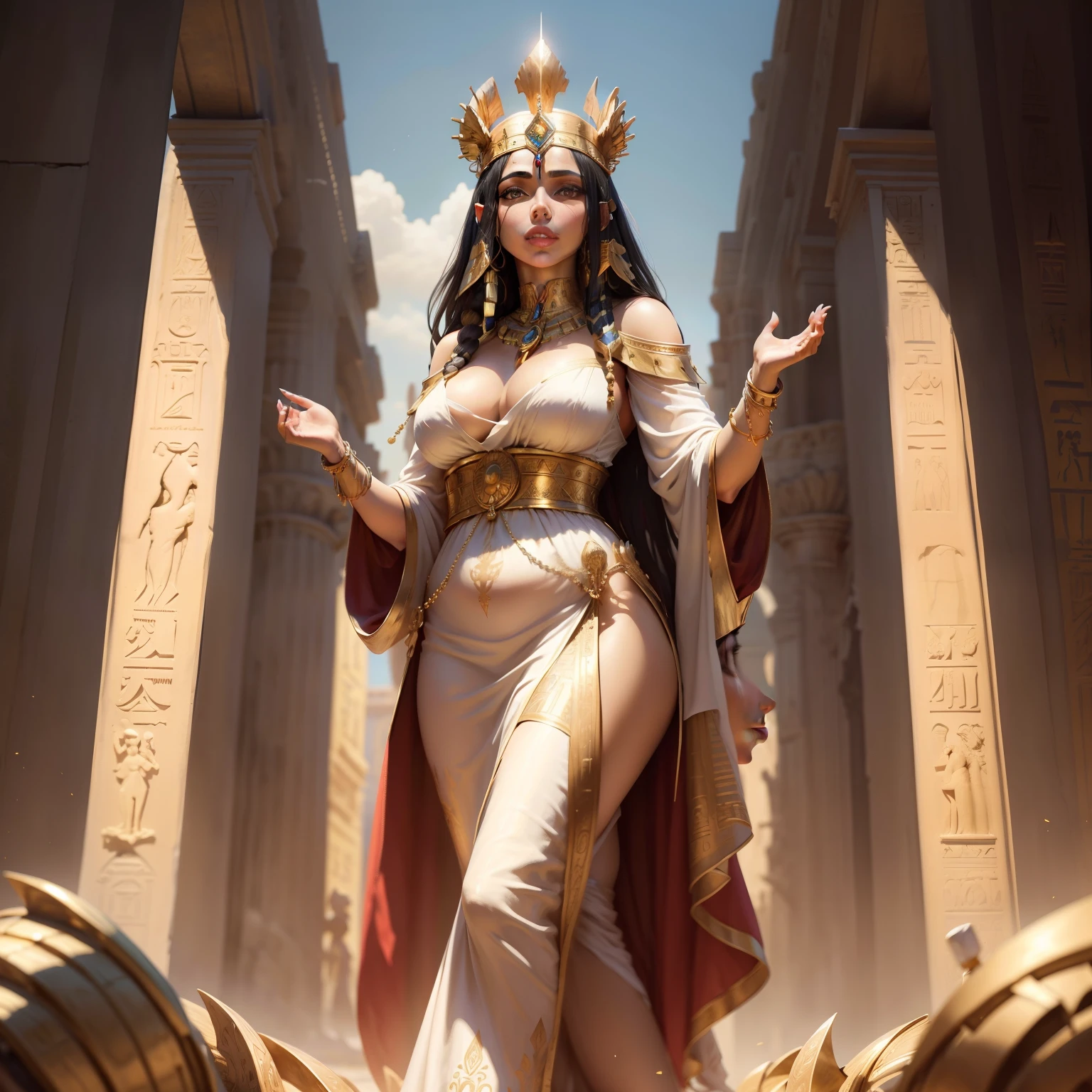 "Cleopatra in the elegant and majestic ancient city, radiating regal beauty, adorned with intricate jewelry, flowing silk robes, and a golden crown, surrounded by loyal followers and mesmerizing architecture, capturing the essence of ancient Egyptian grandeur." Blood partcles