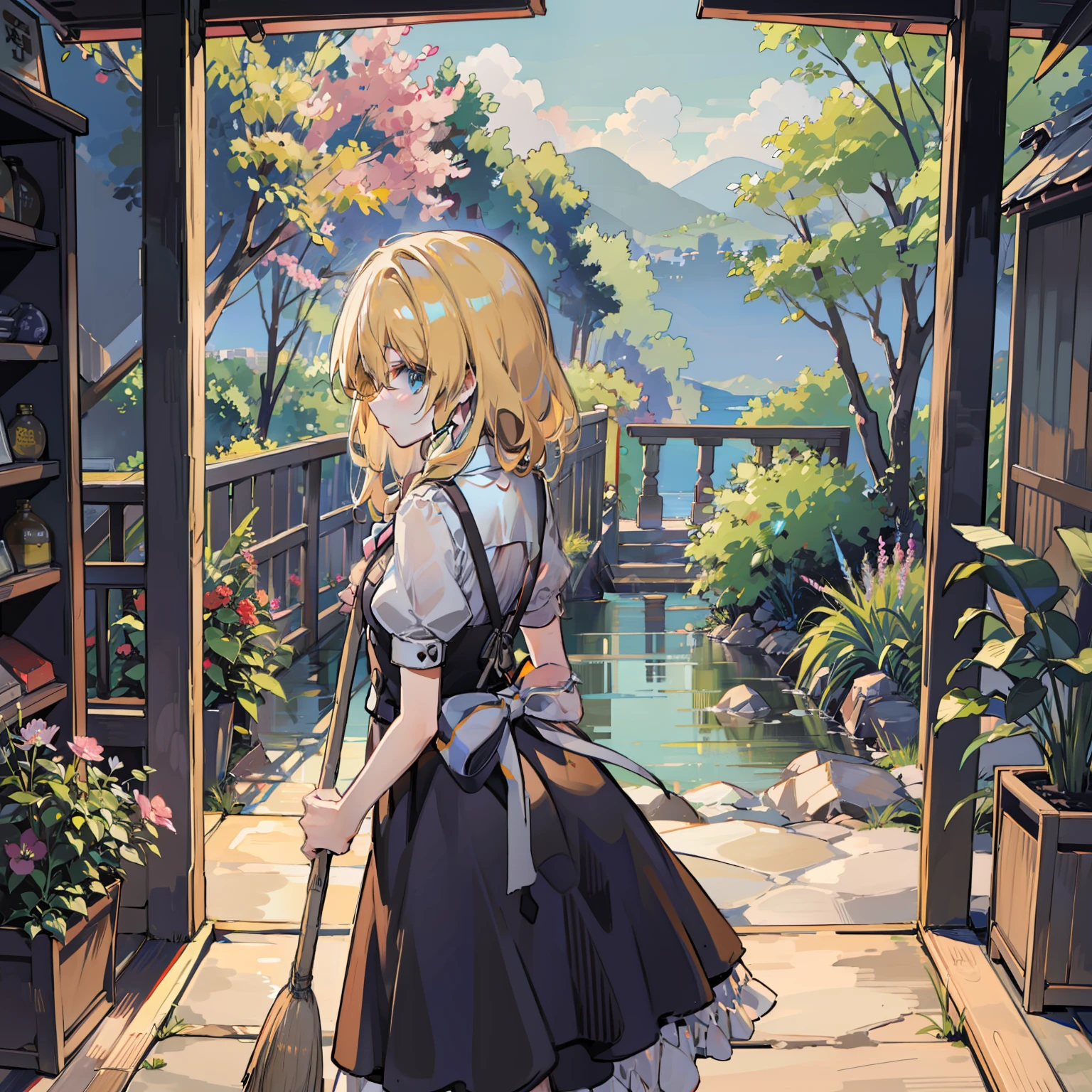 masutepiece, Fine detail, 4K, 8K, 12K, Solo, Solo, Beautiful Girl, caucasian female, marisa kirisame, a blond、Ride a broom, veranda,shrines、 Back view