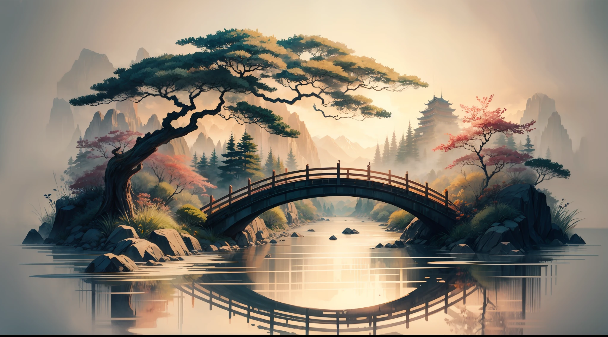 China ink painting,ink,Smudge,Small bridges and flowing water,8K,tmasterpiece,super-fine,best qualtiy,8K,tmasterpiece,Works of masters,Detailed pubic hair,Accurate,Epic shooting,(Look up:1.5)