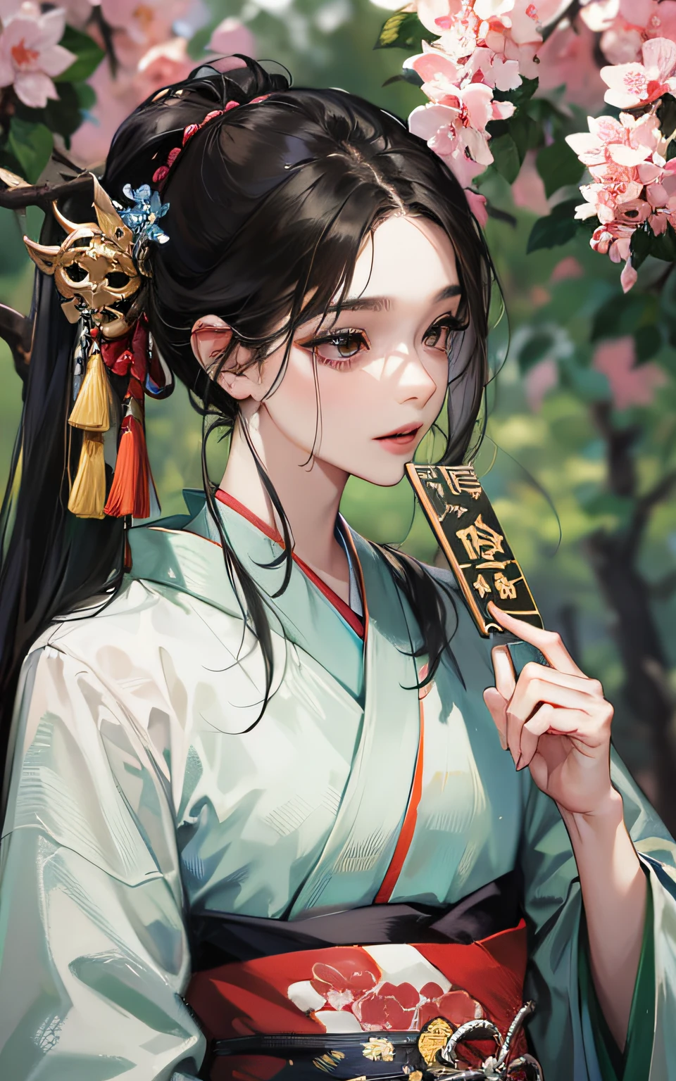 mtu,The face of melon seeds, Attractive, ((1人)), tmasterpiece, Best quality at best, Complicated details, Fair skin, Black hair, Attractive, AS-Adult, an Quority,,Dark green hanfu, Not looking at the view,, Perfect and detailed face, Perfect and meticulous hands, With a fan in his hand,Black eyes, Young men,The male,The male,The male