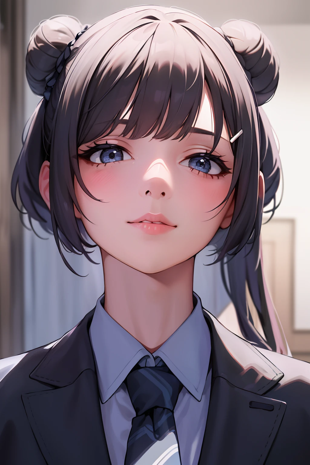 1girl, hairclip, necktie,collared shirt, white shirt,garter straps , colorful theme, (best quality, high quality, high resolution), realistic, ultra-detailed, highly detailed face features, absurdres,realistic lighting and reflections, highly detailed face features, see through shirt, best photo,high quality illustration