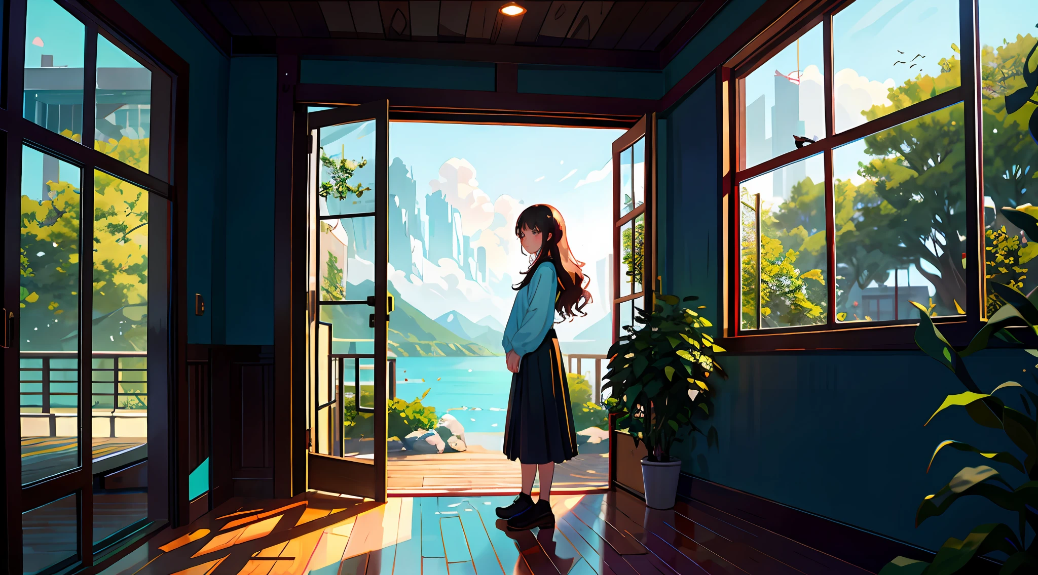 2. The character：Zhixia stood in front of the tall floor-to-ceiling window in the living room，Big wavy curls of dark brown flutter gently in the breeze，Cyan eyes look into the distance。 action：She quietly stared out the window at the scenery，There was an expression of serenity and contemplation on his face，The heart is as if it is one with nature。