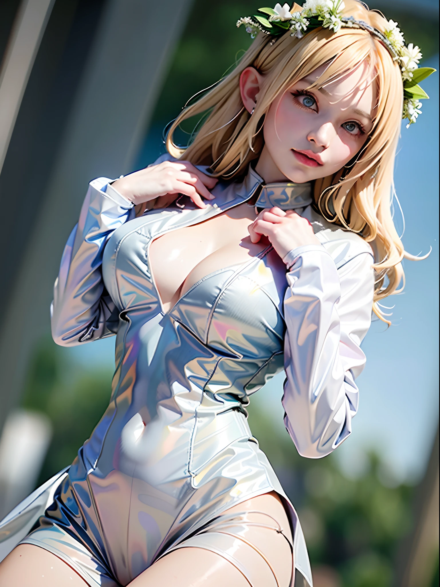 1girl,celestine lucullus,blonde hair,head wreath,laurel crown,green eyes,o-ring,o-ring top,elf,pointy ears solo, brown eyes, parted lips, long sleeves,white jacket, simple background, looking at viewer, teeth, jacket, lips, cosplay,huge breast, hands on own breast, breast focus,Breast kneading