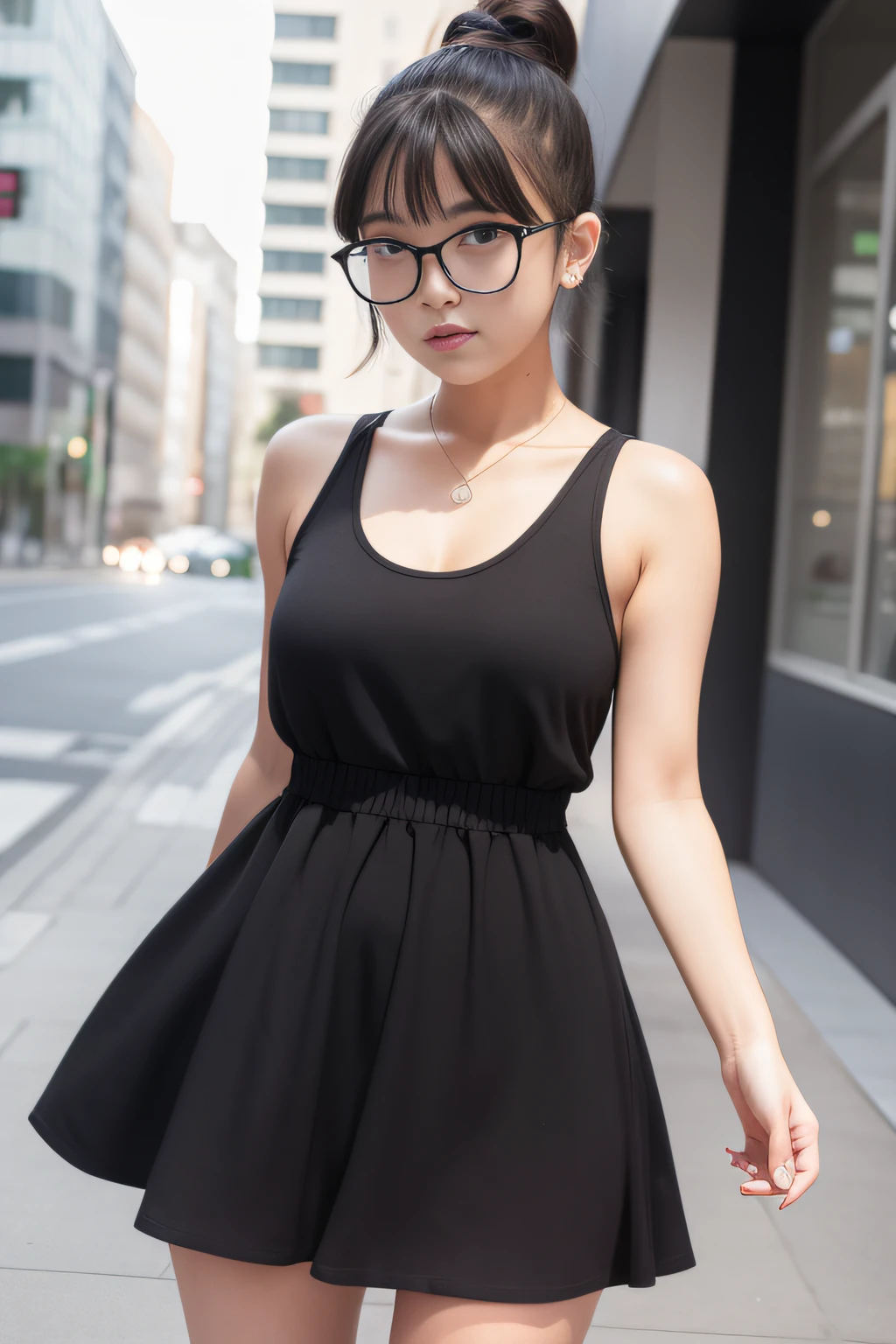 Dily Dance Center,black ponytail,Large-rim glasses,Harnes,Leaky shoulders,babyfat,Street dress,Exhibited,