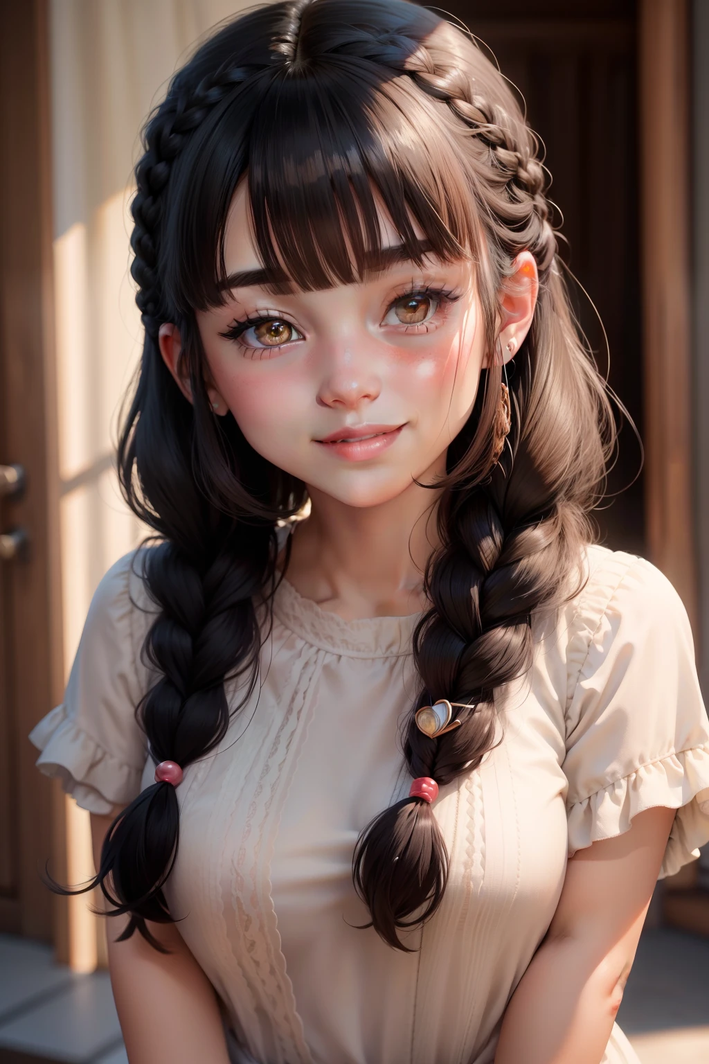 black hair, hair bobbles, light smile, ear blush, blunt bangs, single braid, blush, Real Human, film grain, 8k, super detail, ccurate, best quality, UHD