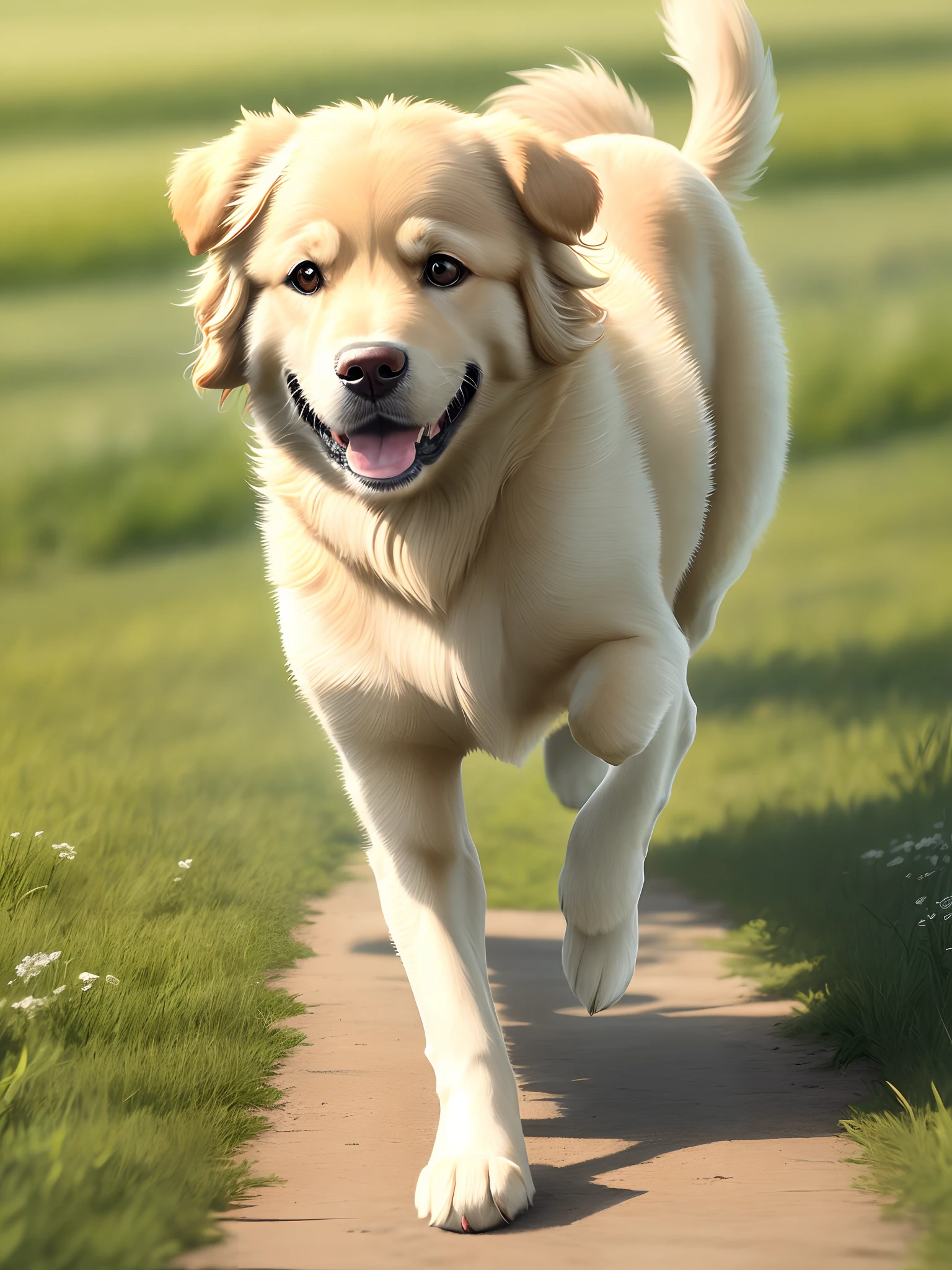 A cute golden retriever is happily running on the green meadow in the breeze。Its hair is blonde，The deep eyes are full of vitality and joy。Golden Retriever is a beloved pet dog，Its friendliness、vivaciousness、Clever features make it the first choice for many families。