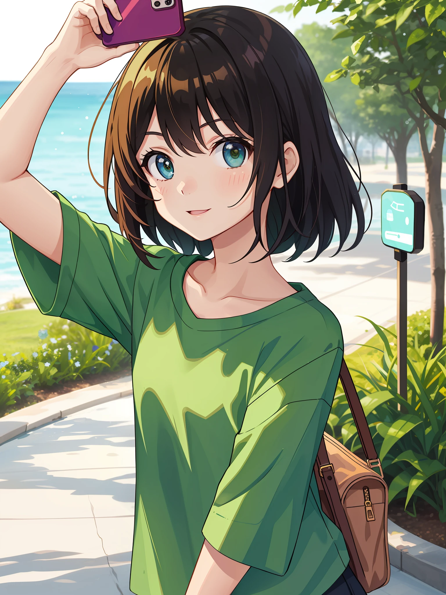 There is a young girl in a green shirt taking a selfie, young cute wan asian face,