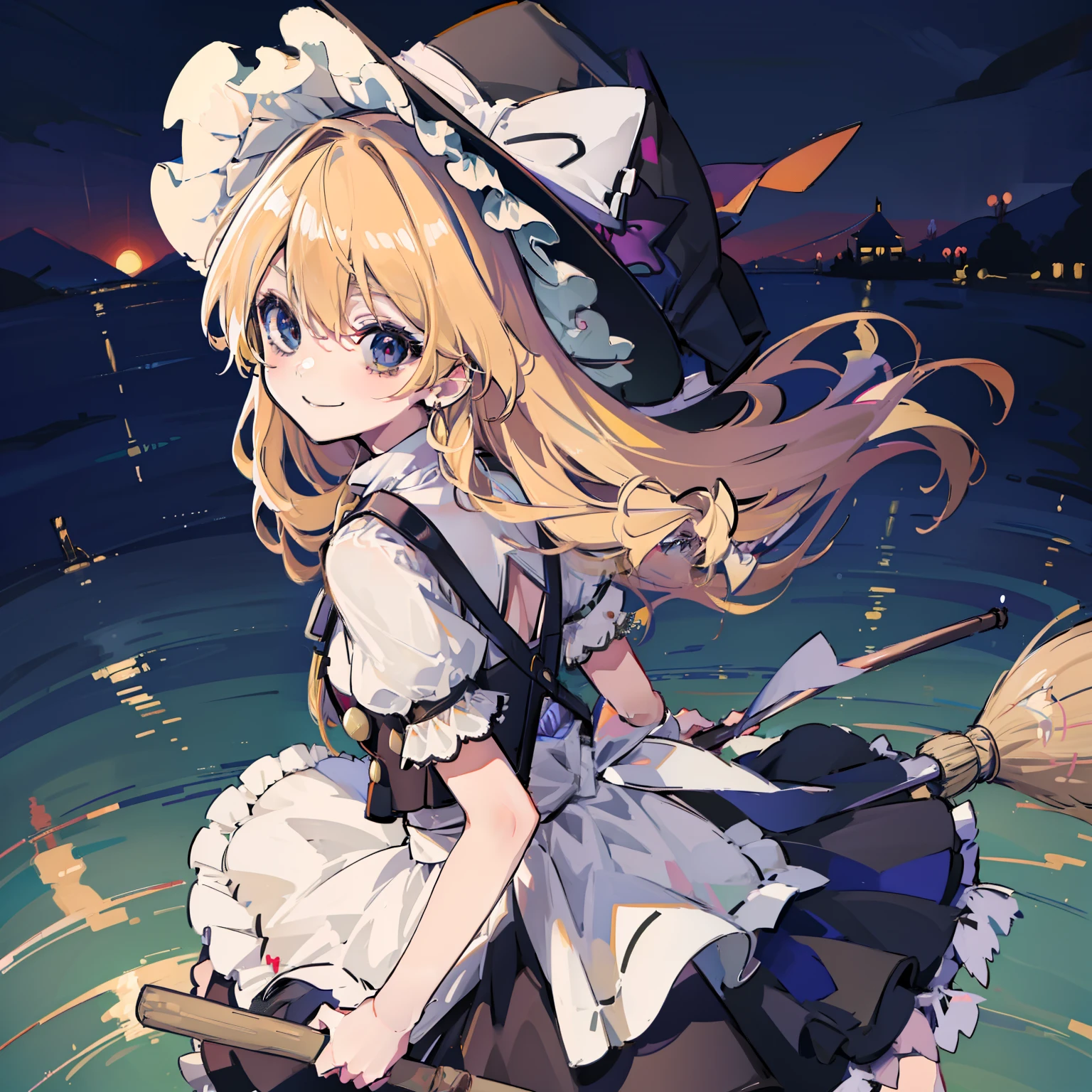 masutepiece, Fine detail, 4K, 8K, 12K, Solo, Solo, Beautiful Girl, caucasian female, marisa kirisame, a blond、Black hat、Ride a broom, a smile、veranda, Back view