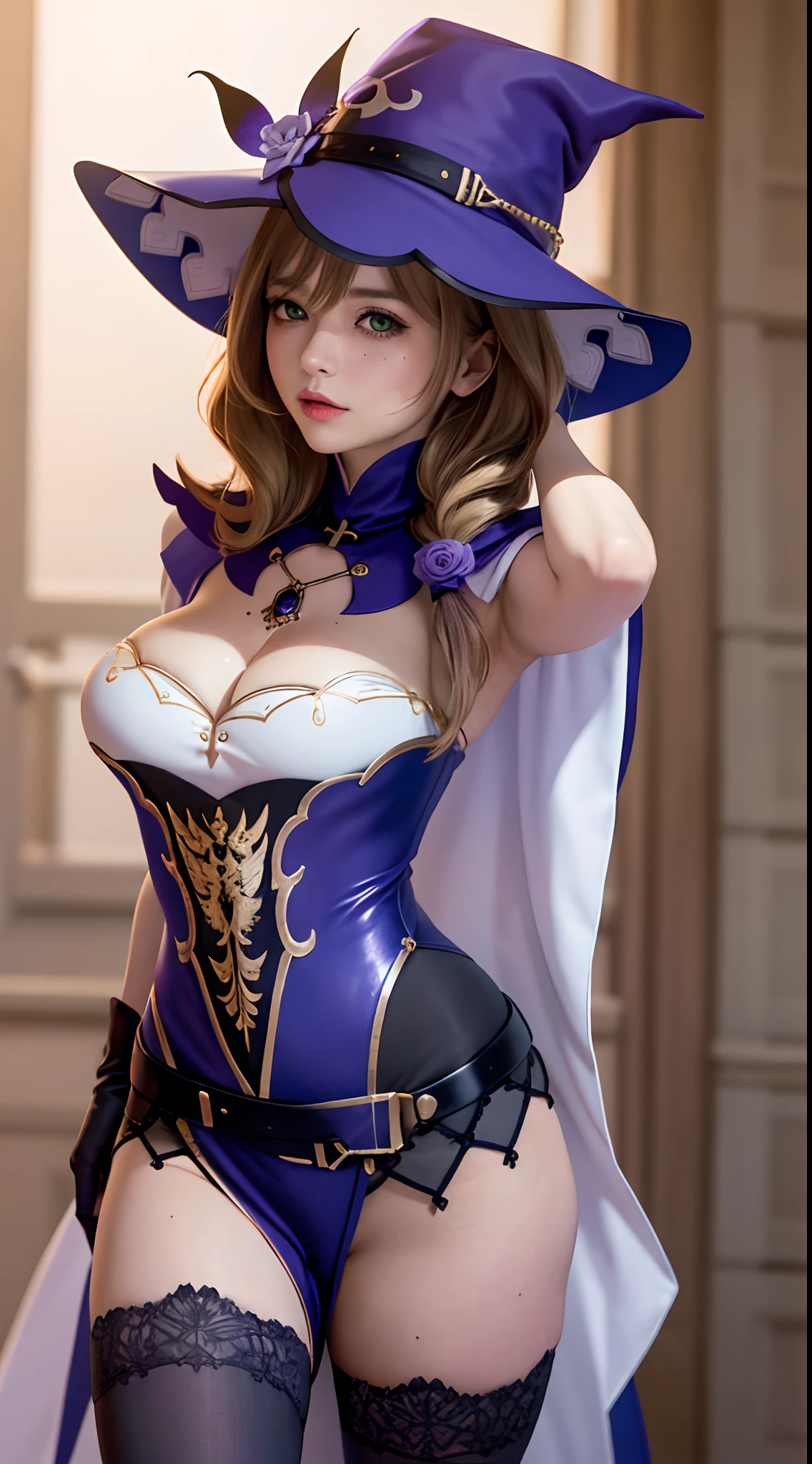 through wall, stationary restraints, ass focus, sweat, shiny skins,1girl,gloves,witch hat, brown hair, hat flower, green eyes, vision (genshin impact), thighhighs, flower, cleavage,black thighhighs, rose, large breasts, purple rose, multicolored dress, pelvic curtain, jewelry, purple dress,long hair, capelet, multicolored clothes, purple capelet,