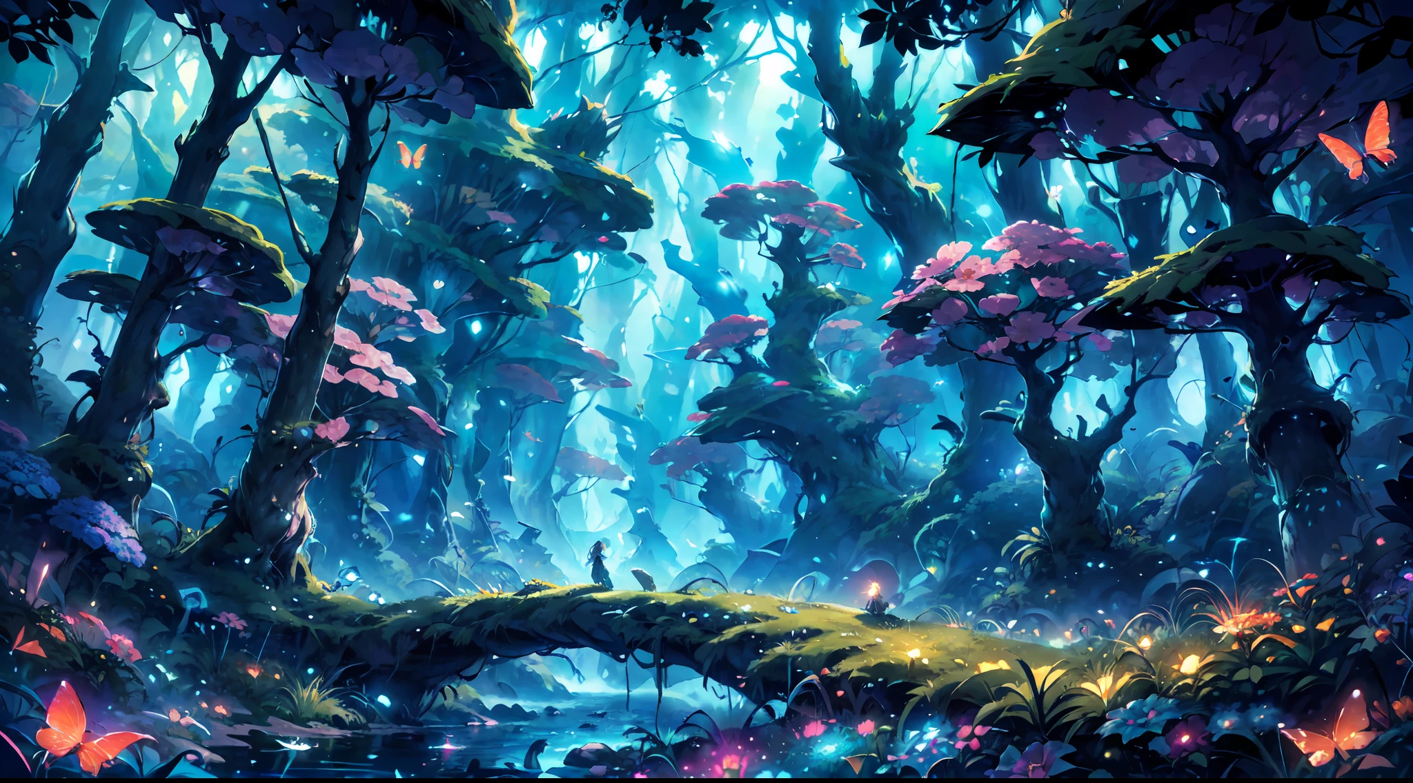 Night time, moon shine, In verdant landscape, (girl focus:1.2),where a girl embarks on a journey up a green slope, ((surrounded by the protective canopy of a forest , sea of an colorful glowing flowers, butterflies, fireflies, )) BREAK With deliberate and gentle footsteps, she ascend the steep mountain, yearning to explore the hidden depths of the ancient woodland, as she venture deeper into the heart of the forest, the atmosphere becomes still and unchanging, as if time itself has ceased to move, scene of a girl navigate herself in the motionless labyrinth of the forest,with a sense of tranquility and intrigue that permeates the scene, with vivid color paintingBREAK,Detailed,Realistic,4k highly detailed digital art,octane render, bioluminescent, BREAK 8K resolution concept art, realism,by Mappa studios,masterpiece,best quality,official art,illustration,ligne claire,(cool_color),perfect composition,absurdres, fantasy,focused,rule of third