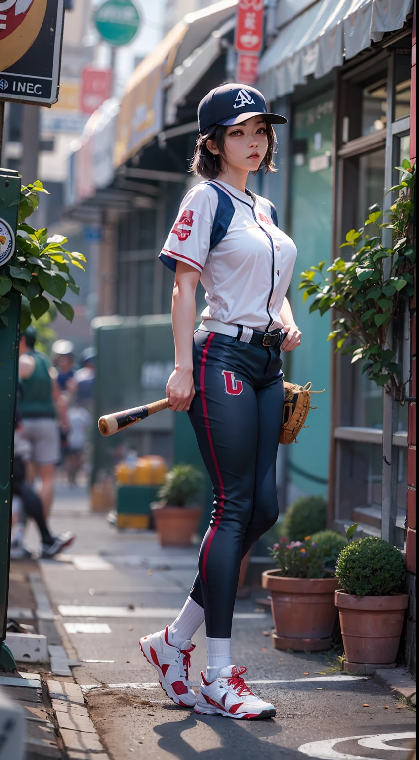 A Japanese woman walking in the city,Buildings,A plant,ssmile,Mixed Korean,The background is blurred out,focal,电影灯光,(((tmasterpiece))), ((best qualtiy)), ((Complex and detailed)), ((ultra-realistic realism)), Ridiculous resolution, A MILF, Mature woman, ssee-through, highly detailed, illustratio, 1girll, (huge tit), Thin waist and thick hips,long leges,beatiful detailed eyes, short detailed hair, brunette color hair, a purple eye, (Baseball uniforms:1.2),Baseball uniform T-shirt,Baseball uniform pants,Baseball shoes,Socks,Knee protectors,baseball cap,baseball,Baseball bat,Baseball pants,baseball player,Leggings,Baseball leggings,(underdressing), pantiess, detailed back ground, perfect eyes, Seductive eye, looking at viewert, From the front,Wear light,