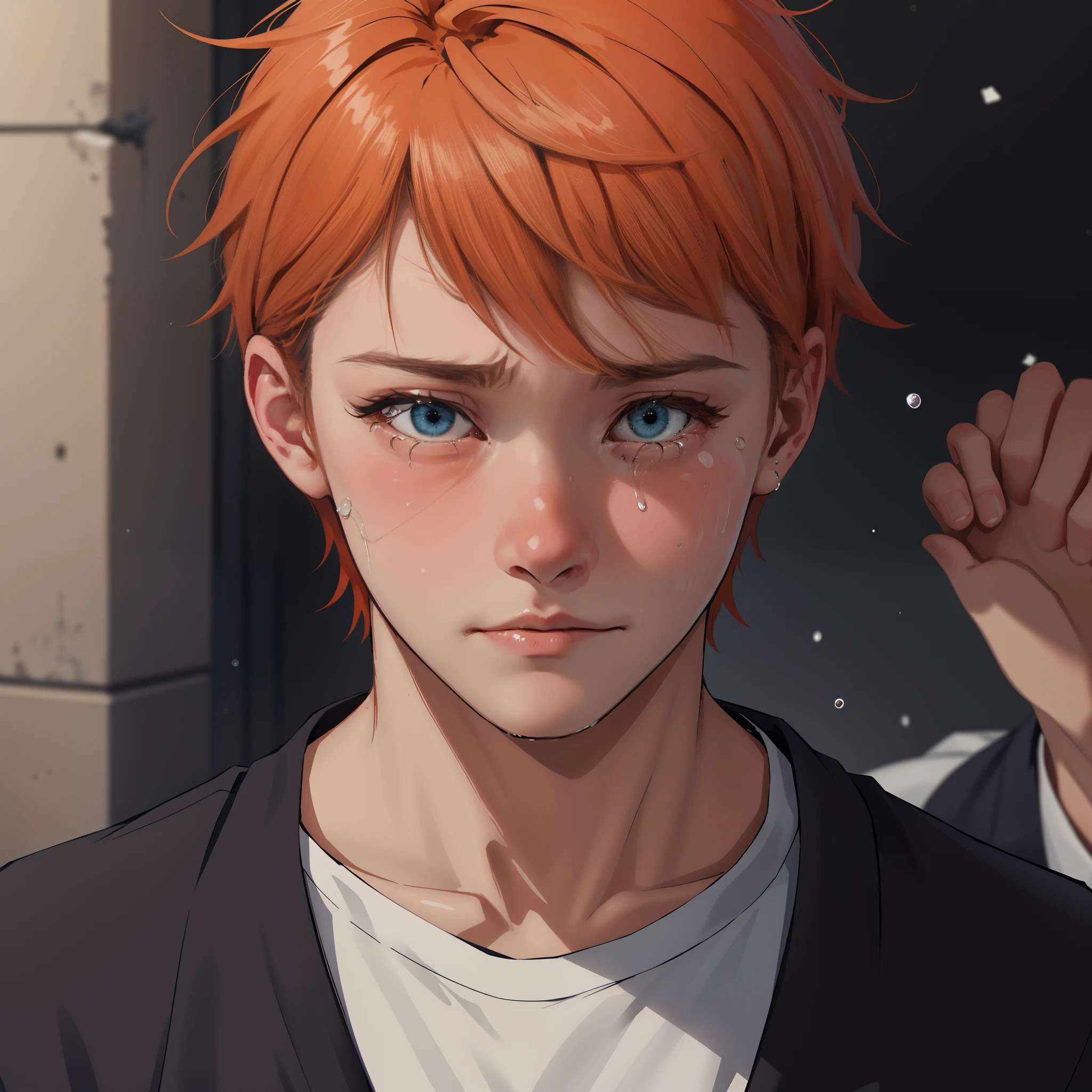 Orange-haired 15-year-old cries with sadness because his friend has died