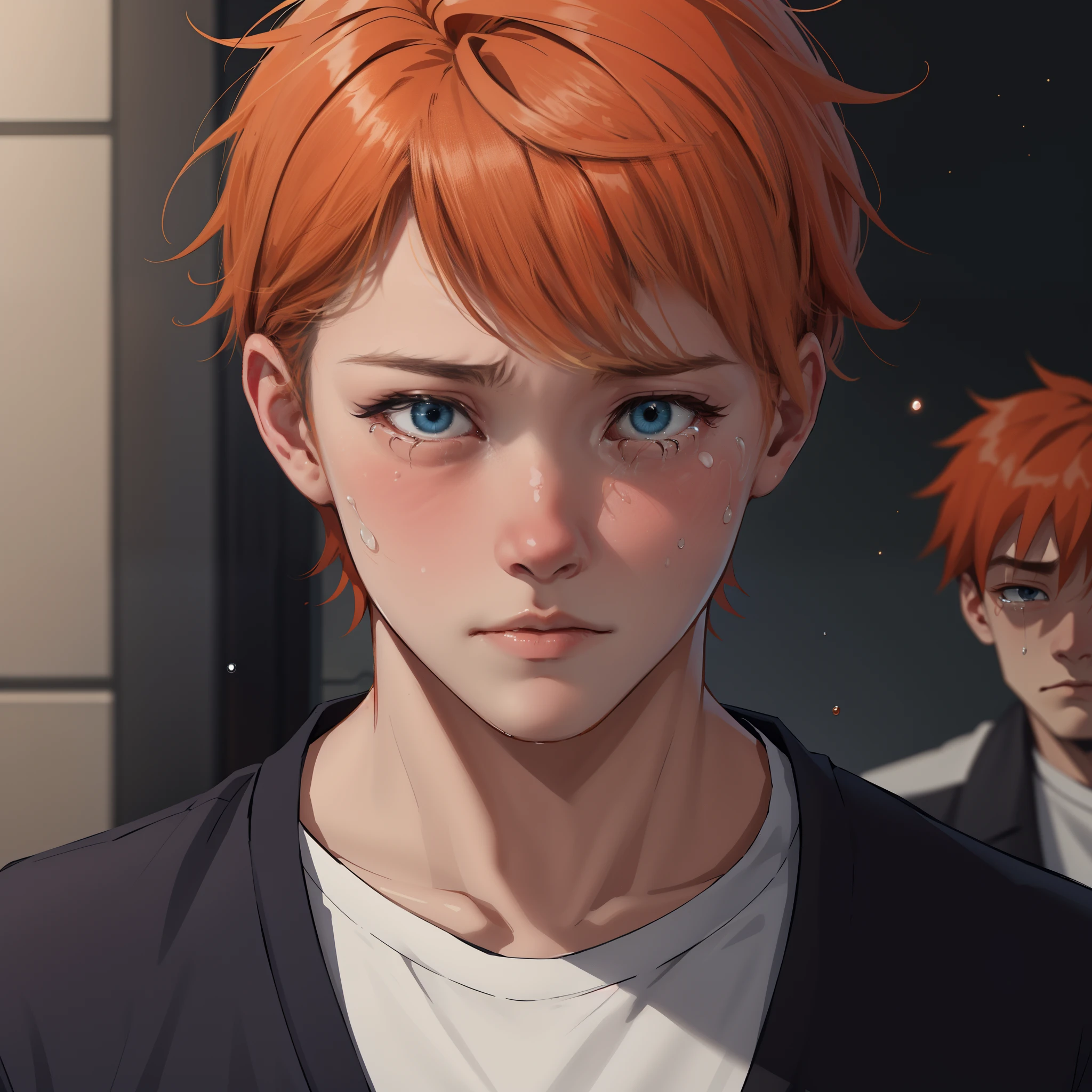 Orange-haired 15-year-old cries with sadness because his friend has died