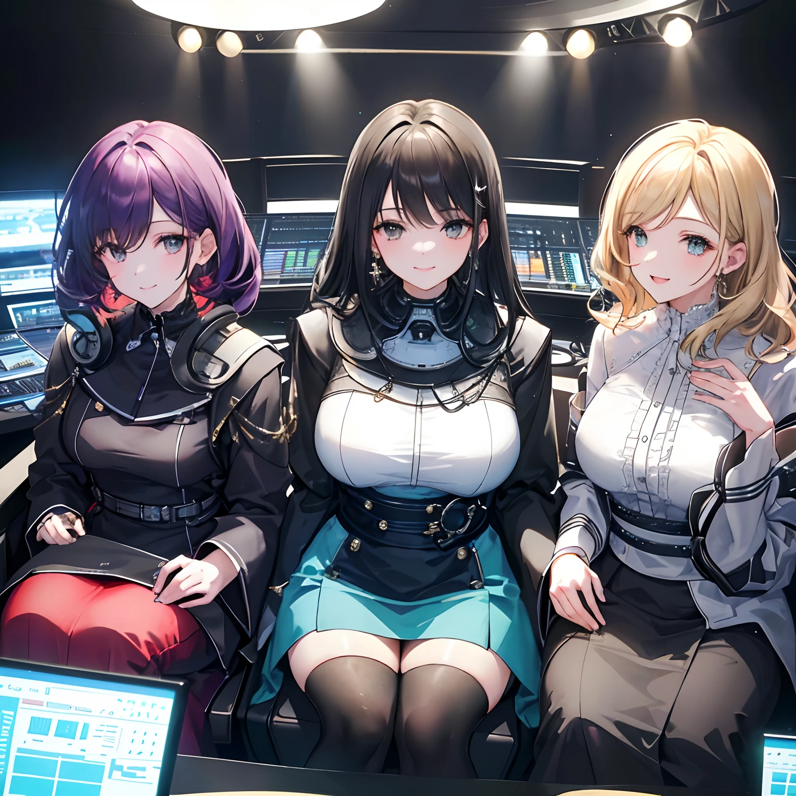 (Three beautiful women seated in a broadcasting studio: 1.9) (Elegant and fashionable attire: 1.8) (Radiant smiles lighting up their faces: 1.9) (Engaged in joyful conversation or laughter: 1.9) (Possibly microphones or studio equipment in the background: 1.7) (Professional setting with well-designed interior: 1.8) (Bright lighting highlighting their features: 1.8)