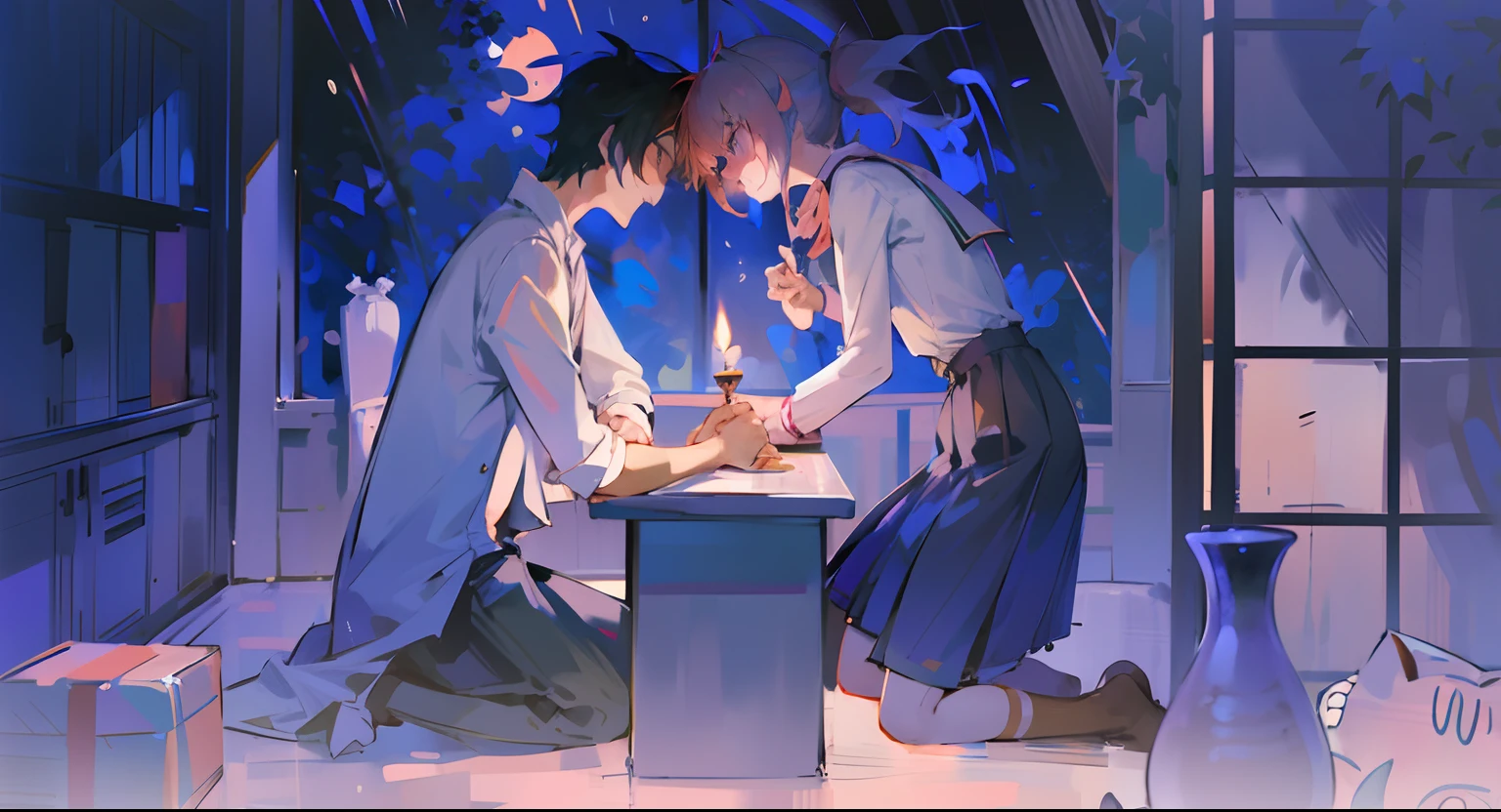Anime scene of a couple sitting at a table holding candles, by Kamagurka, zerochan art, author：Kiyochika Kobayashi, author：Uesaka Seka, author：Kikukawa Sakaeyama, conrad roset and makoto shinkai, zerochan, anime scene, Digital art on Pixiv, author：Rei Kamoi