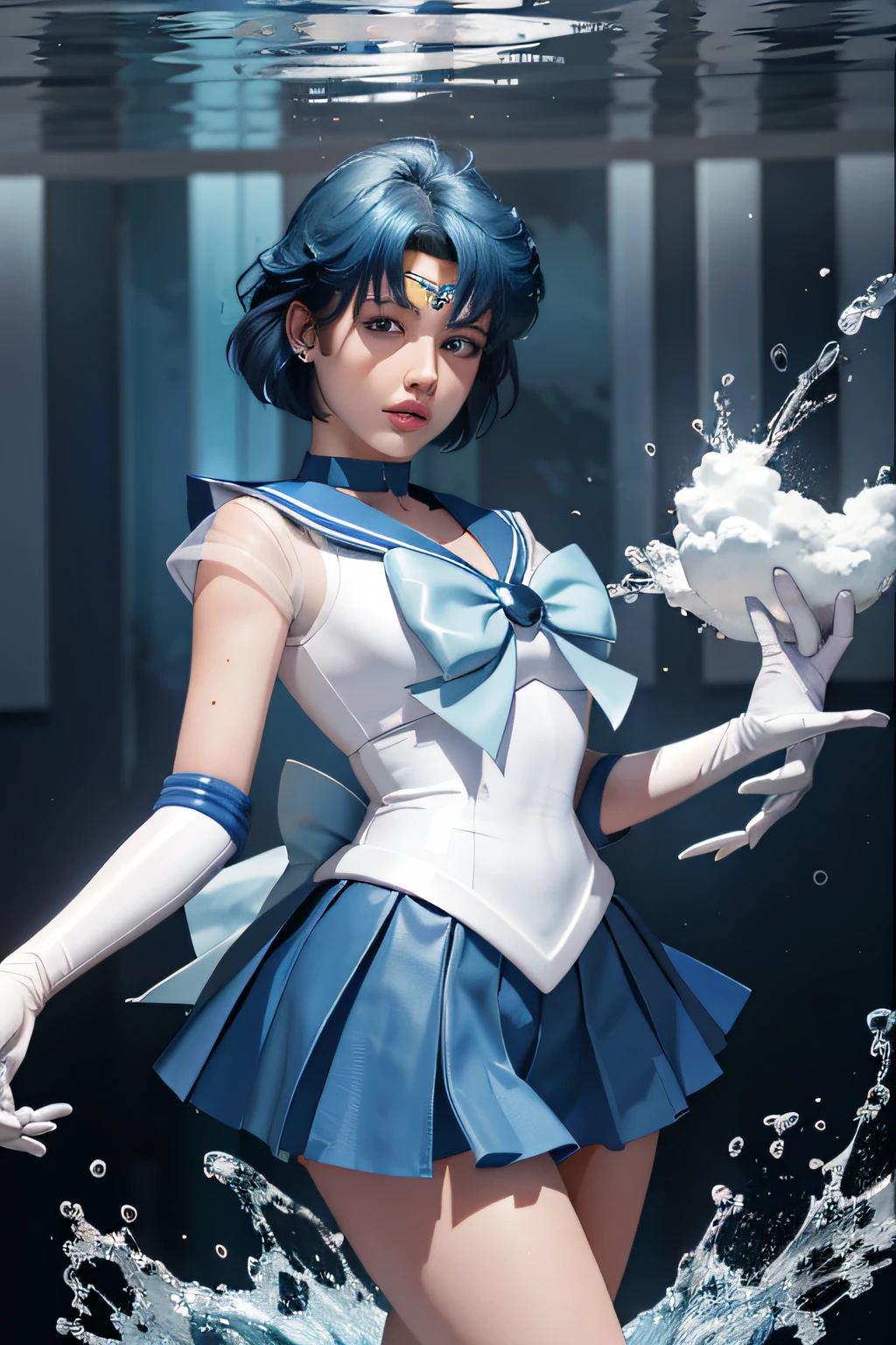 1girl,breasts,gloves,lips,solo,sailor mercury,blue eyes,smuniform,mer1,tiara,sailor senshi uniform,(RAW photo, best quality),masterpiece,absurdres,sexy,floating short blue hair,blue sailor collar,bow,(knee boots:1.1),choker,white gloves,blue choker,elbow gloves,jewelry,earrings,blue skirt,sole,full body,blue hair,(prefect drawn hands):3.8,octane rendering,godness of water,