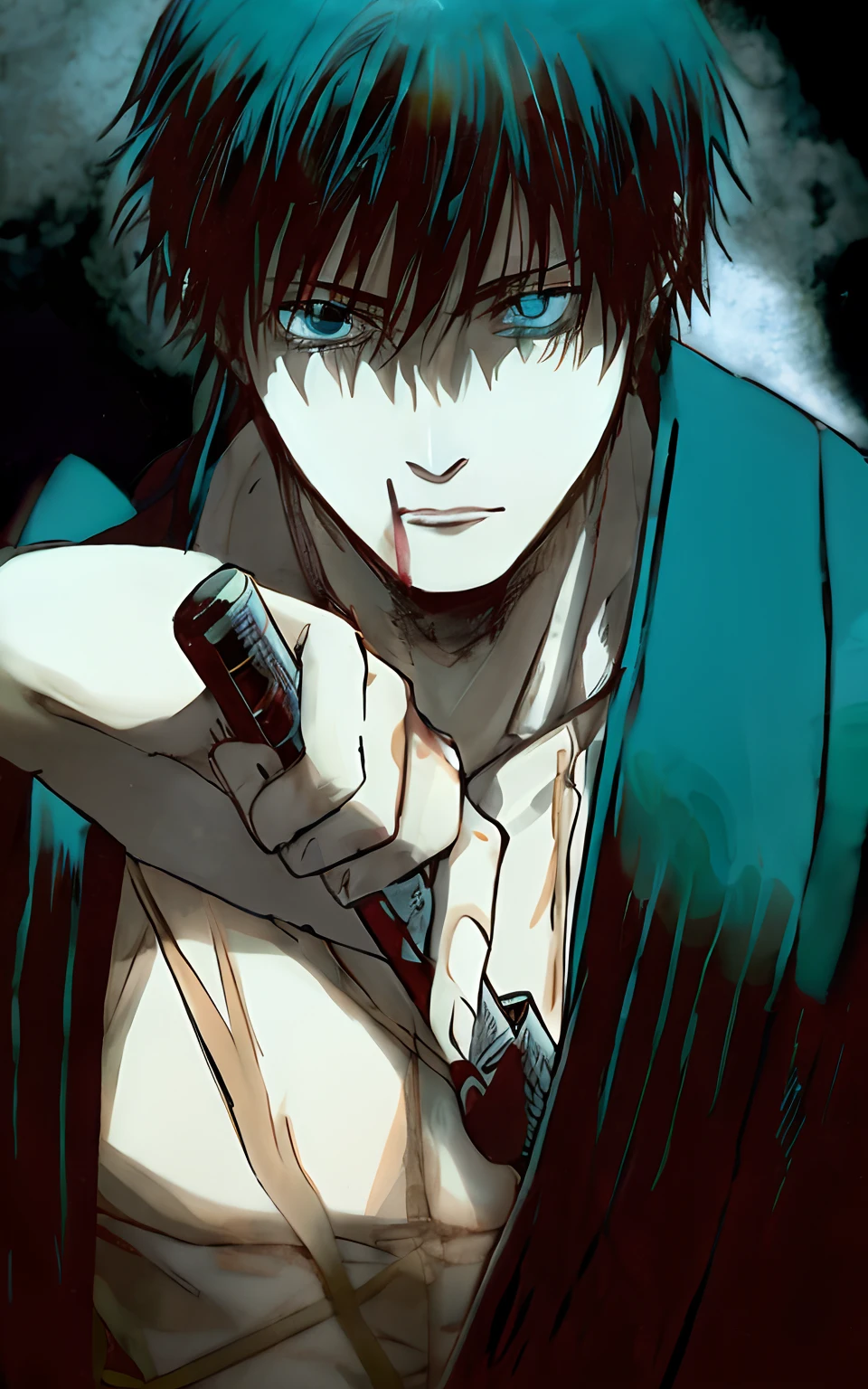 Anime character with blue eyes holding a cell phone in his hand, Hijikata Toushirou de Gintama, cara de anime alto com olhos azuis, de kenshin, Shikanosuke Yagaki, Deus masculino bonito da morte, 4 k manga wallpaper, hijikata toushirou, Anime Wallaper, manga style of kentaro miura