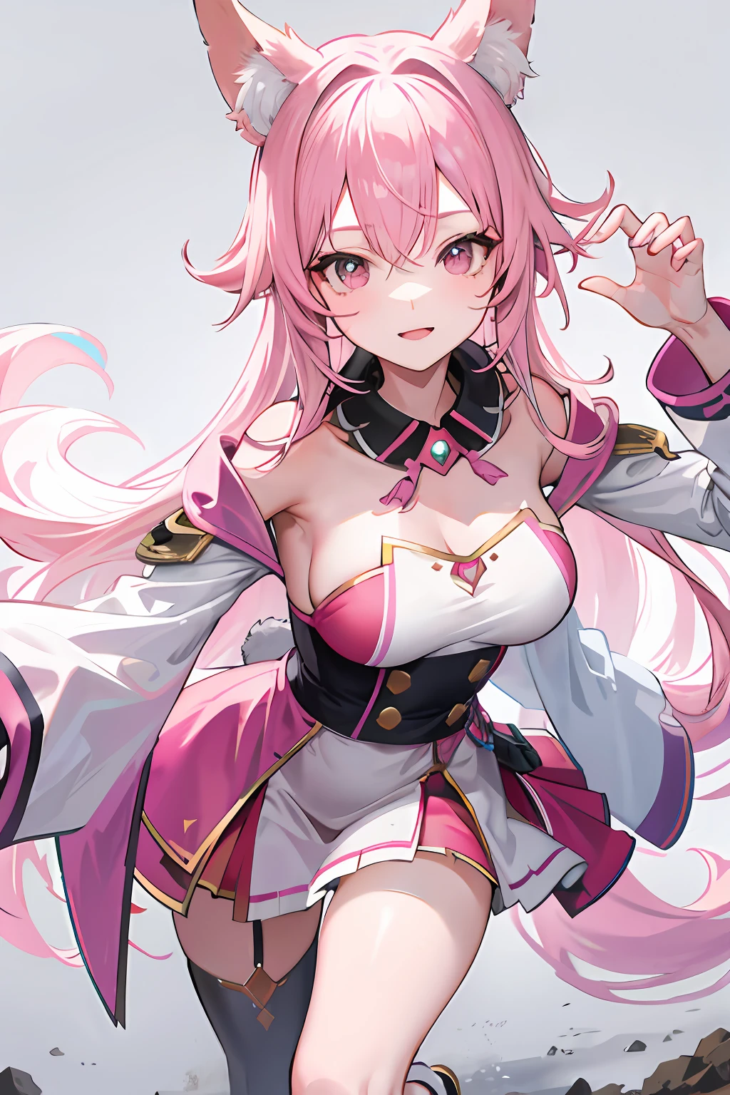 Pink hair，Women with long hair，fox ear，mediuml breasts，adolable