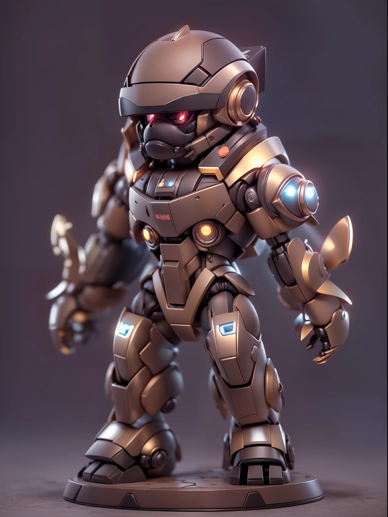 (Blind box toy style:1.3),((Full body shot))(anthropomorphism) , (1 strong monkey mecha warrior)(((solo))) metal mecha,dreamy glow, Clean dark background,Brown black style,(circular base)( Global illumination, Ray tracing, hdr, unreal render,reasonable design, high detail, Masterpiece, Best quality, hyper HD, Cinematic lighting)