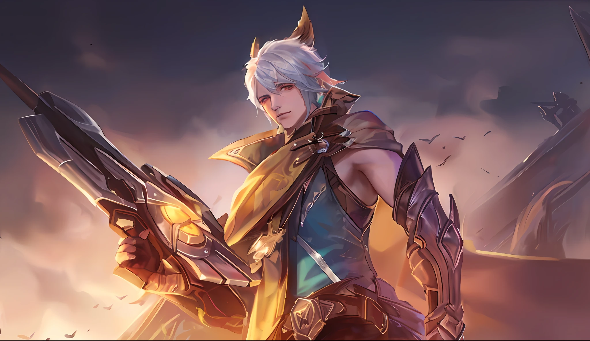 um close up de uma pessoa segurando uma arma em um campo, thancred waters in style of wlop, por Yang J, g estilo de arte liuliano, Dividido, thancred waters, Retrato de Thancred, Heise Jinyao, Estilo Lineage 2 Revolution, Modelo IG | Artgerm, Directed by: Leng Mei, Artgerm extremamente detalhado