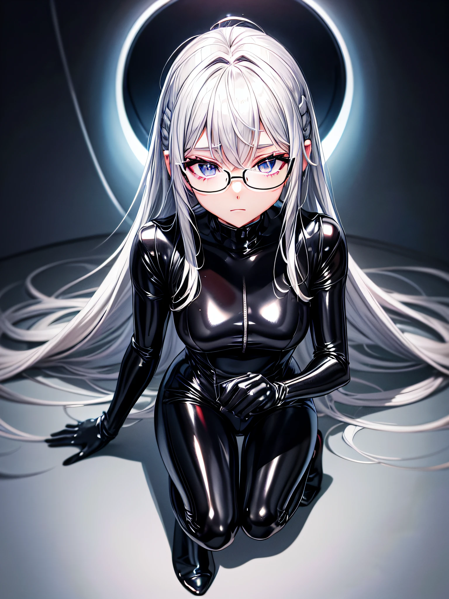 5 8K UHD、Silver-haired and small-nosed beauty in a black shiny black full-body rider suit wearing glasses squatting with her crotch wide open、Wearing a shiny black latex slider suit with hidden skin、Shiny black latex slider suit、Expressionless and upward-eyed beauty with a small nose