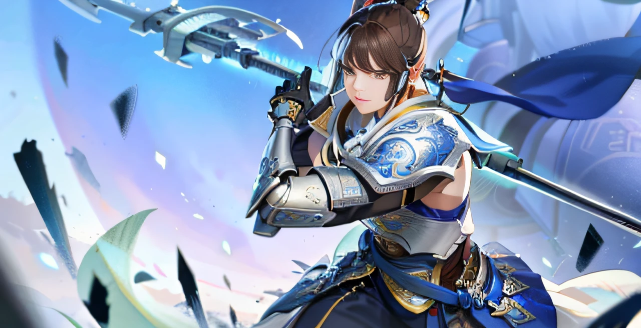 Close-up of a woman in armor holding a gun in a field, xianxia hero