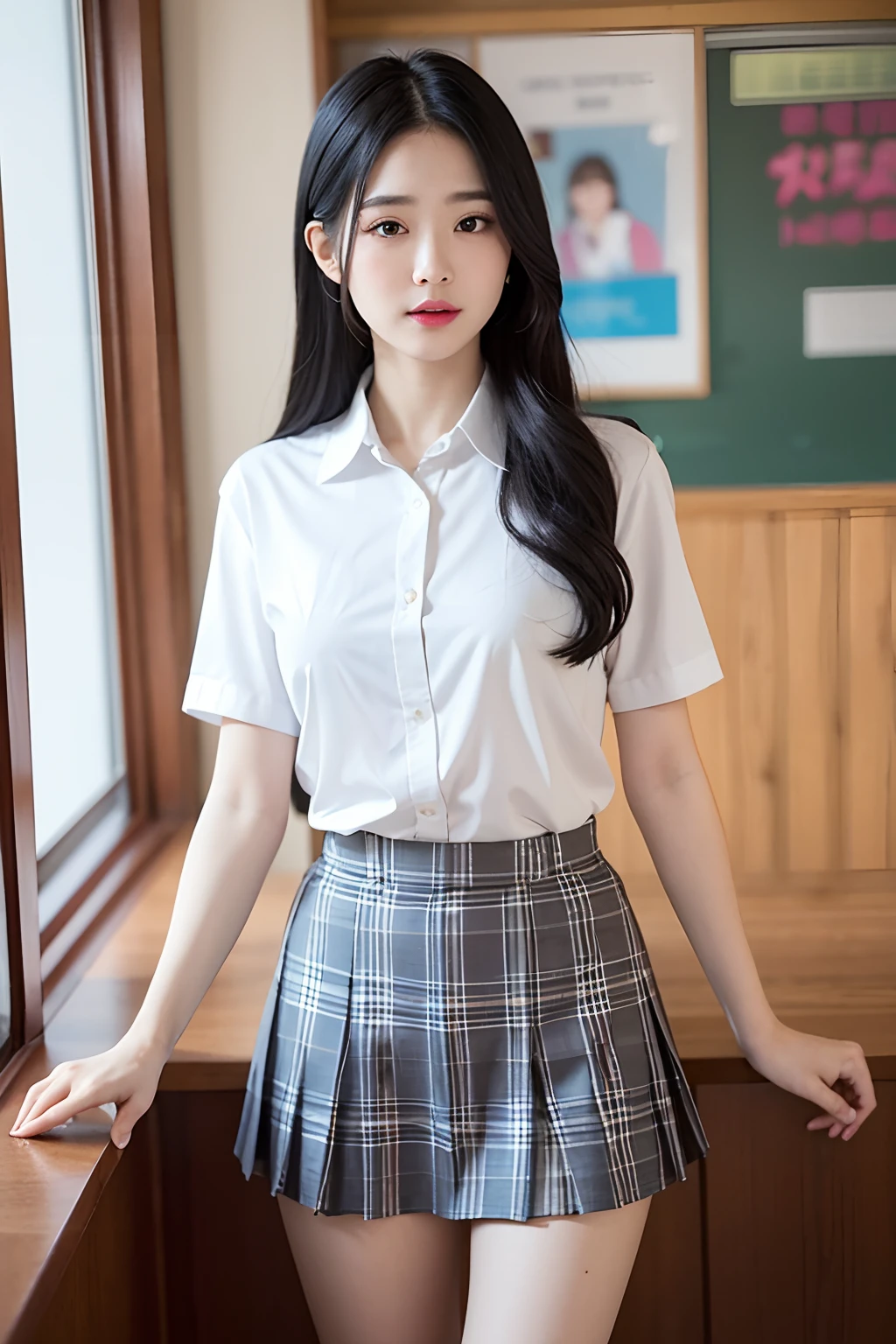 NSFW, 8K Raw photograph, best qualtiy, tmasterpiece, 超高分辨率, filmgrain, cinematic ligh, 1girll, looking at viewert, Natural skin texture, Realistic Eyes and Face Details, full pouty lips, lipsticks, (putting makeup on), Pink eyeshadow, Long eyelashes,Long silky hair, ssmile, Keep one's mouth shut, long leges,slim,short skirt, hindquarters, The shirt, in a school, Gray plaid skirt, white shirt, Hold a folding fan, tartan, short- sleeved, JK ribbon on the thigh, JK ribbon, Black hair, depth of fields