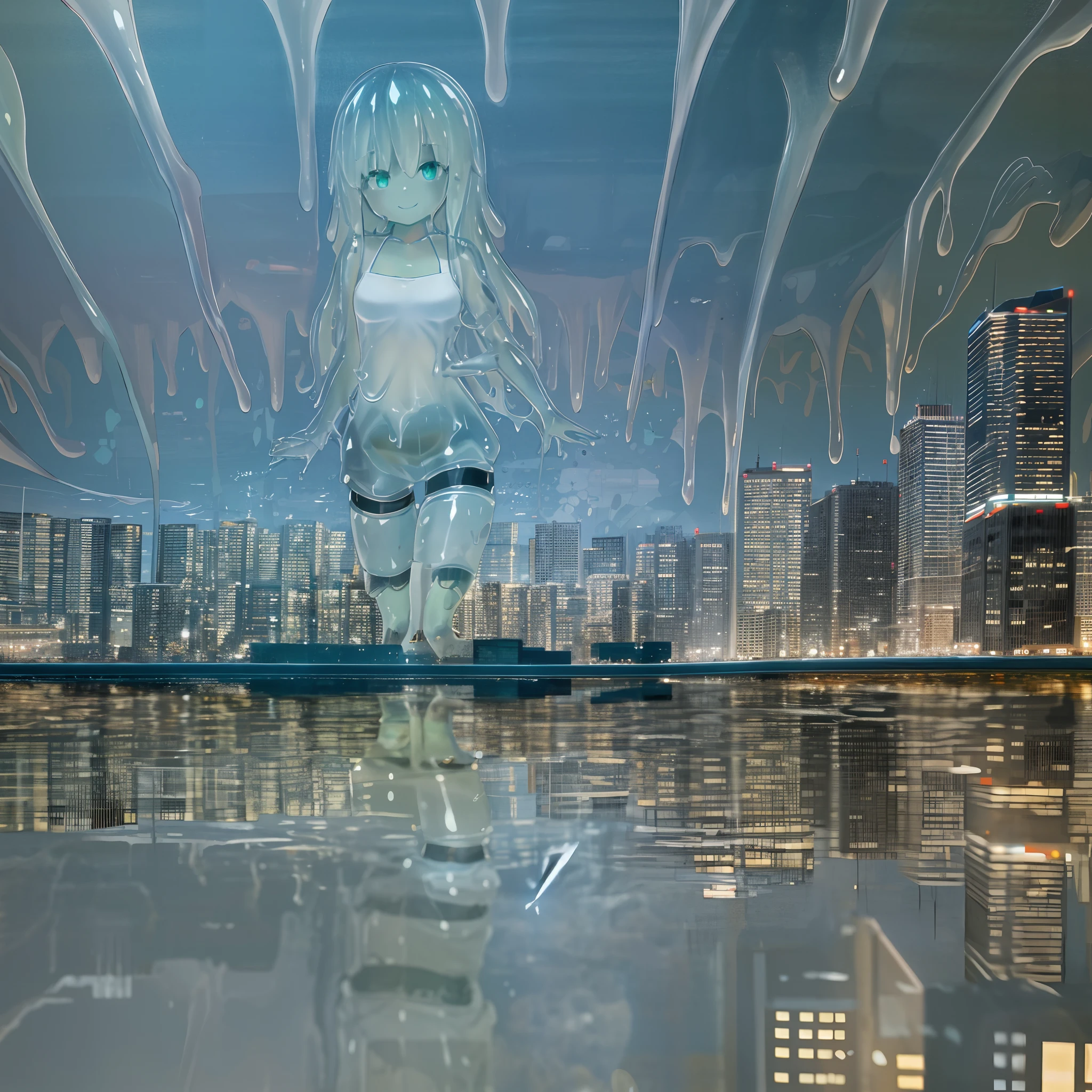 ultra-detailed, best illustration, 1girl, (slime girl:1.3), (transparent:1.3), (see-through:1.1), Lie down, (reflection:1.1), sport sweatshirt, translucent body, transparent skin, GTSCity, 50 meters tall, smile, destroyed buildings, masterpiece, best quality