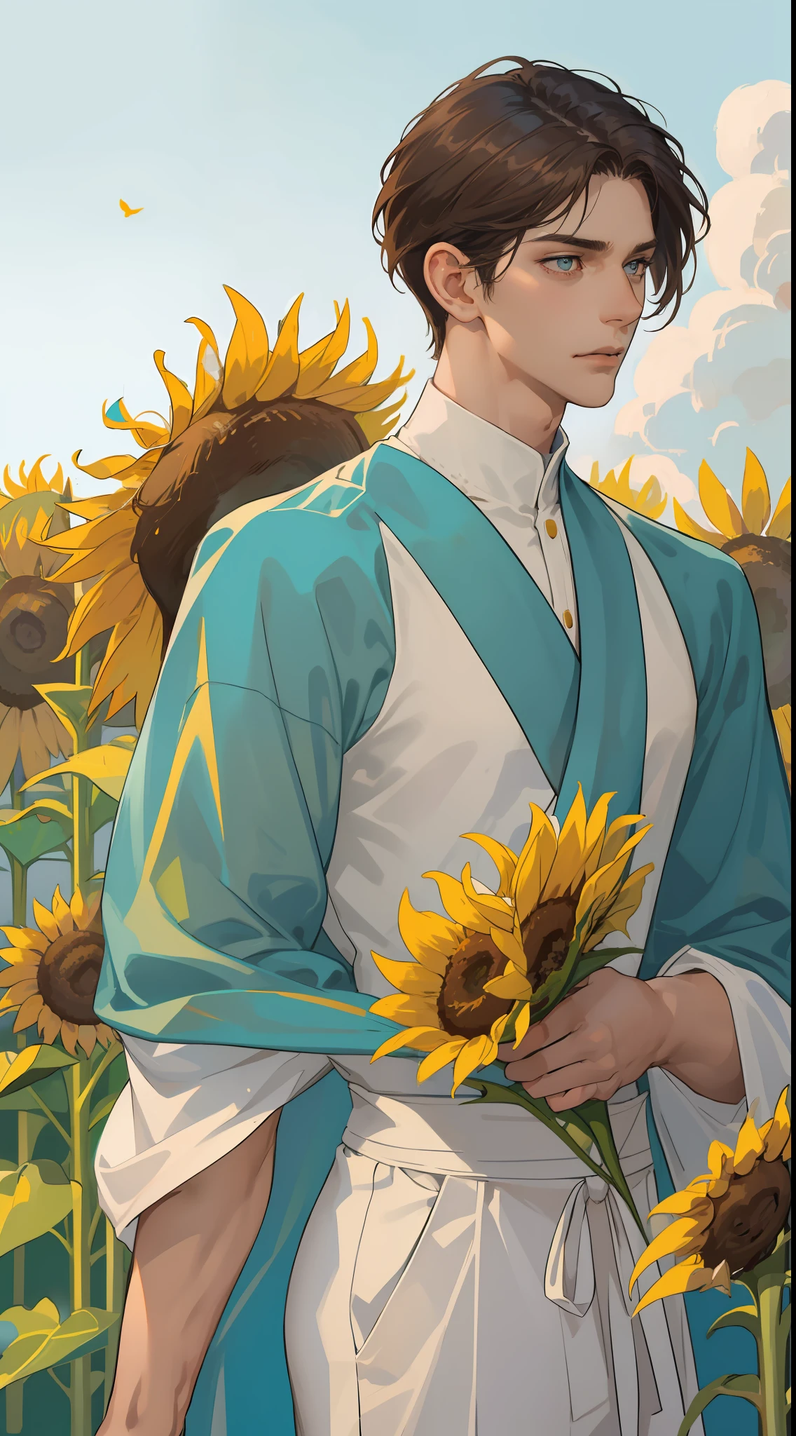 masterpiece, best quality, realistic, 1man, male focus, male model, tall muscular, handsome, closed mouth, simple clothes, portrait,extremely detailed face, short brown hair, flying bangs, turquoise eyes, white background, simple background, SIDE VIEW, looking at the viewers, view from the back, sunflower field, MALE ONLY, MALE