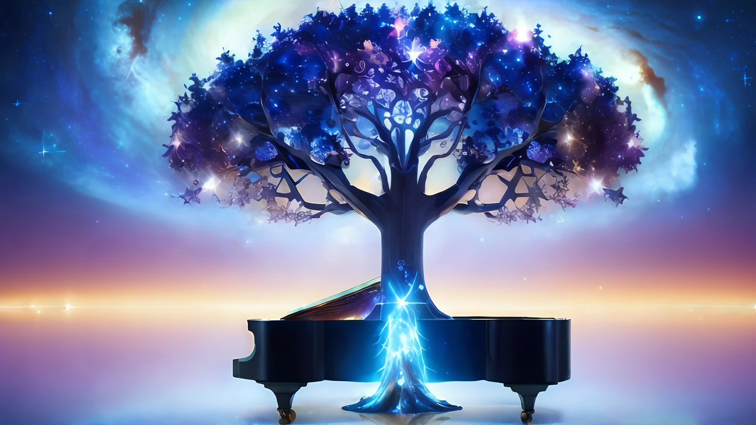 Piano, galaxia ((magical) tree of life), (night sky), (stars), artwork, (space dust), (nebula), concept art, high definition, high detail, intricate, (masterpiece: 1.2), (best quality: 1.2)